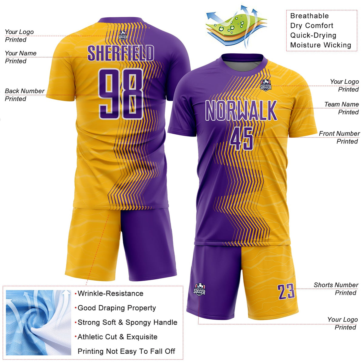 Custom Gold Purple-White Gradient Arrow Sublimation Soccer Uniform Jersey Limited