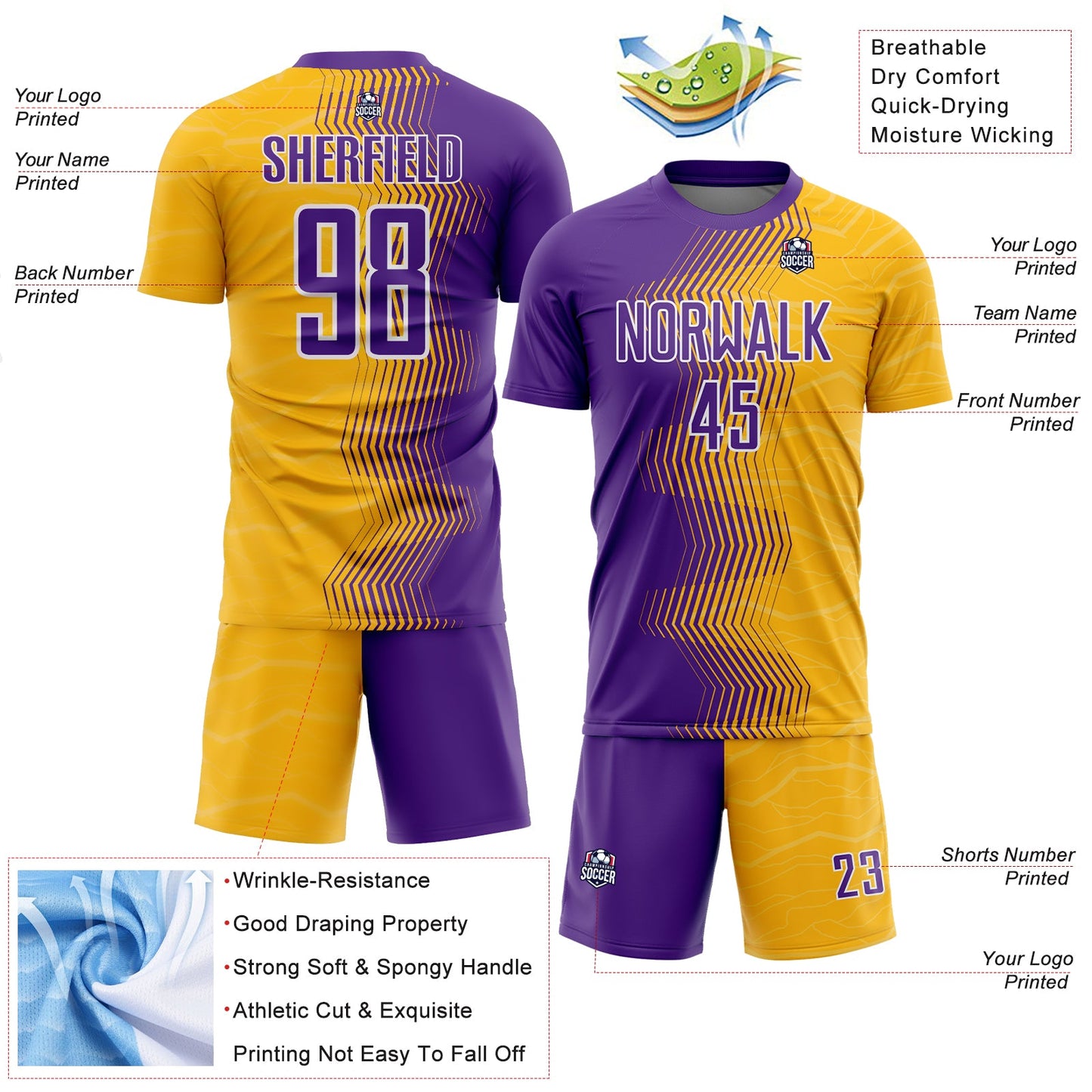 Custom Gold Purple-White Gradient Arrow Sublimation Soccer Uniform Jersey Limited