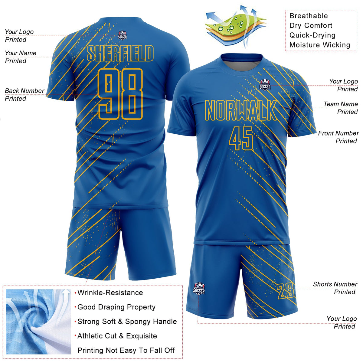 Custom Blue Gold Lines Sublimation Soccer Uniform Jersey Limited