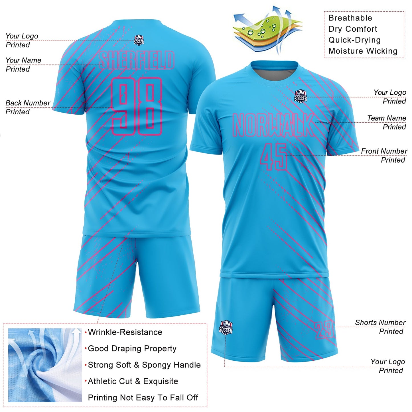 Custom Sky Blue Pink Lines Sublimation Soccer Uniform Jersey Limited