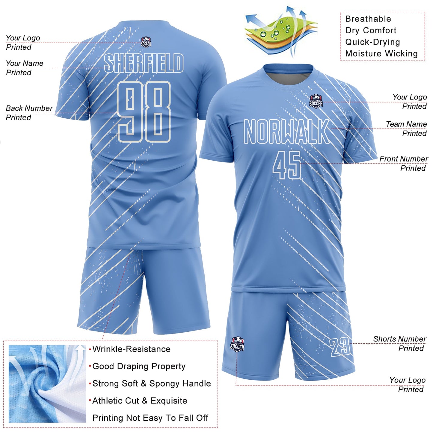 Custom Light Blue White Lines Sublimation Soccer Uniform Jersey Limited