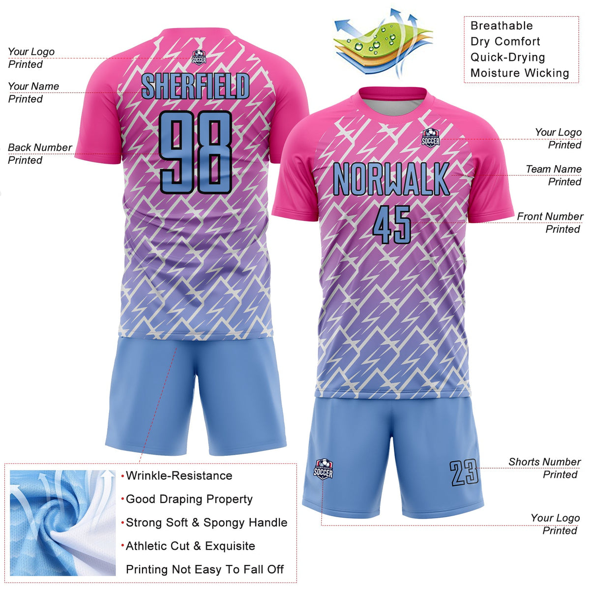 Custom Pink Light Blue-Black Lightning Sublimation Soccer Uniform Jersey Limited