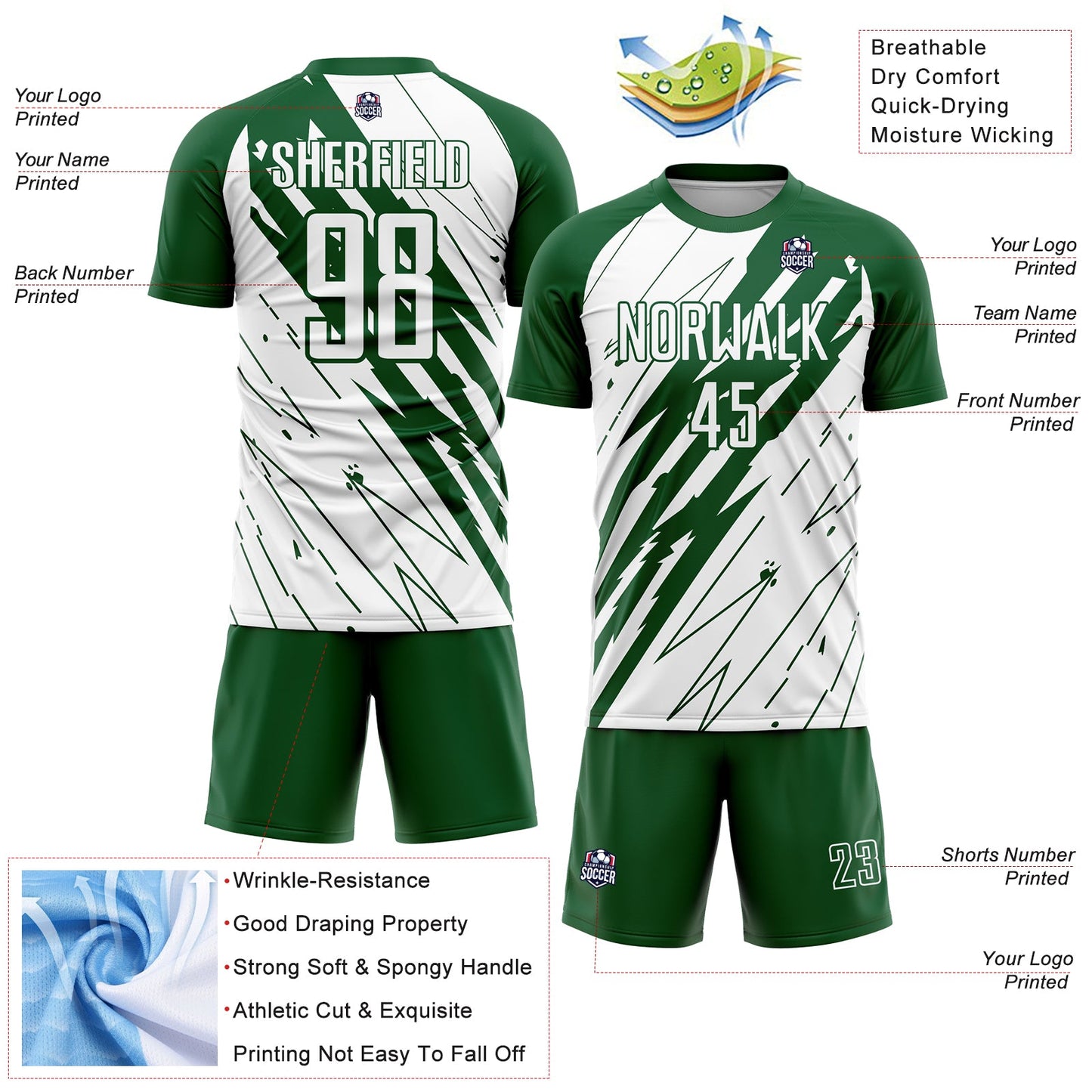 Custom Kelly Green White Sublimation Soccer Uniform Jersey Limited