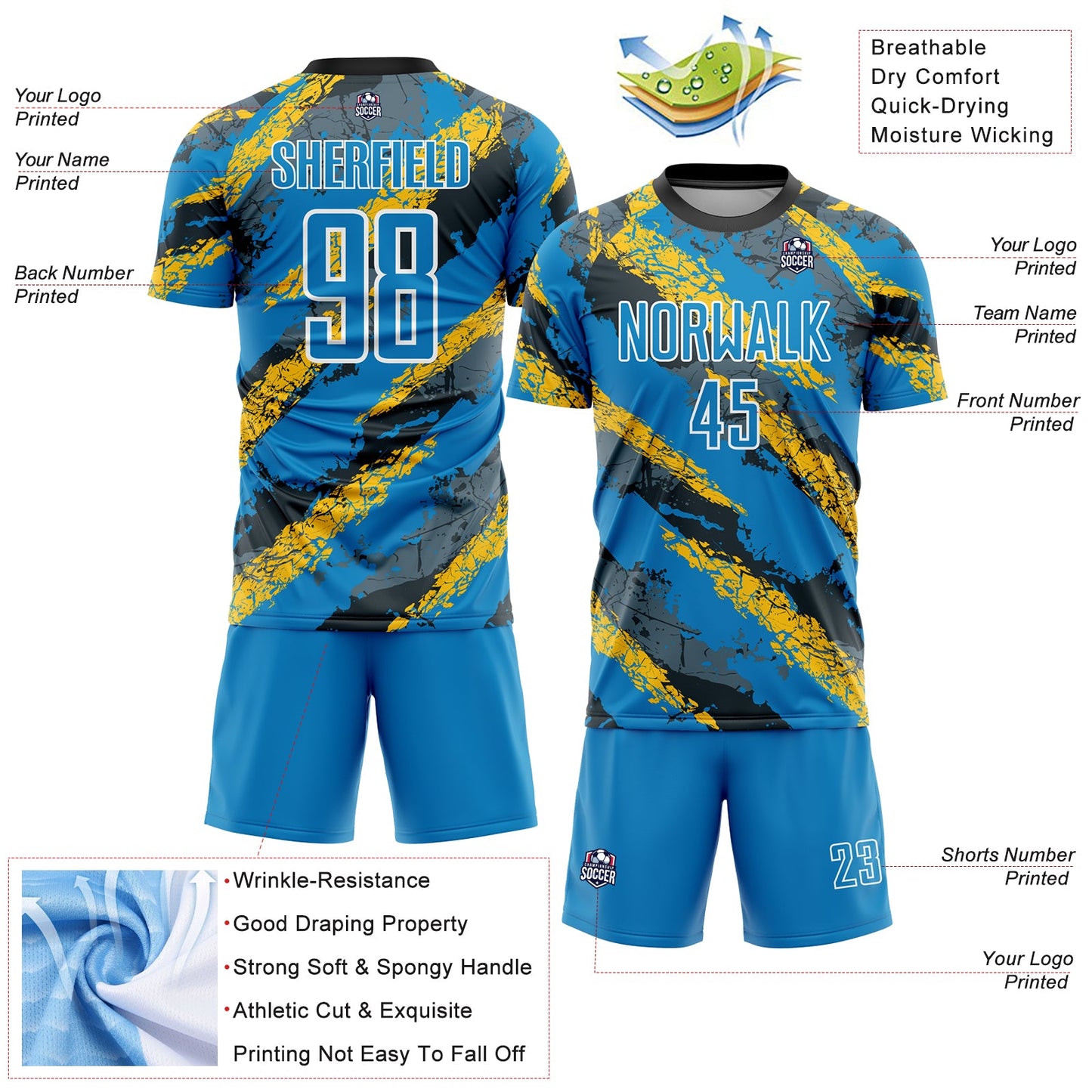 Custom Powder Blue Yellow-White Sublimation Soccer Uniform Jersey Limited