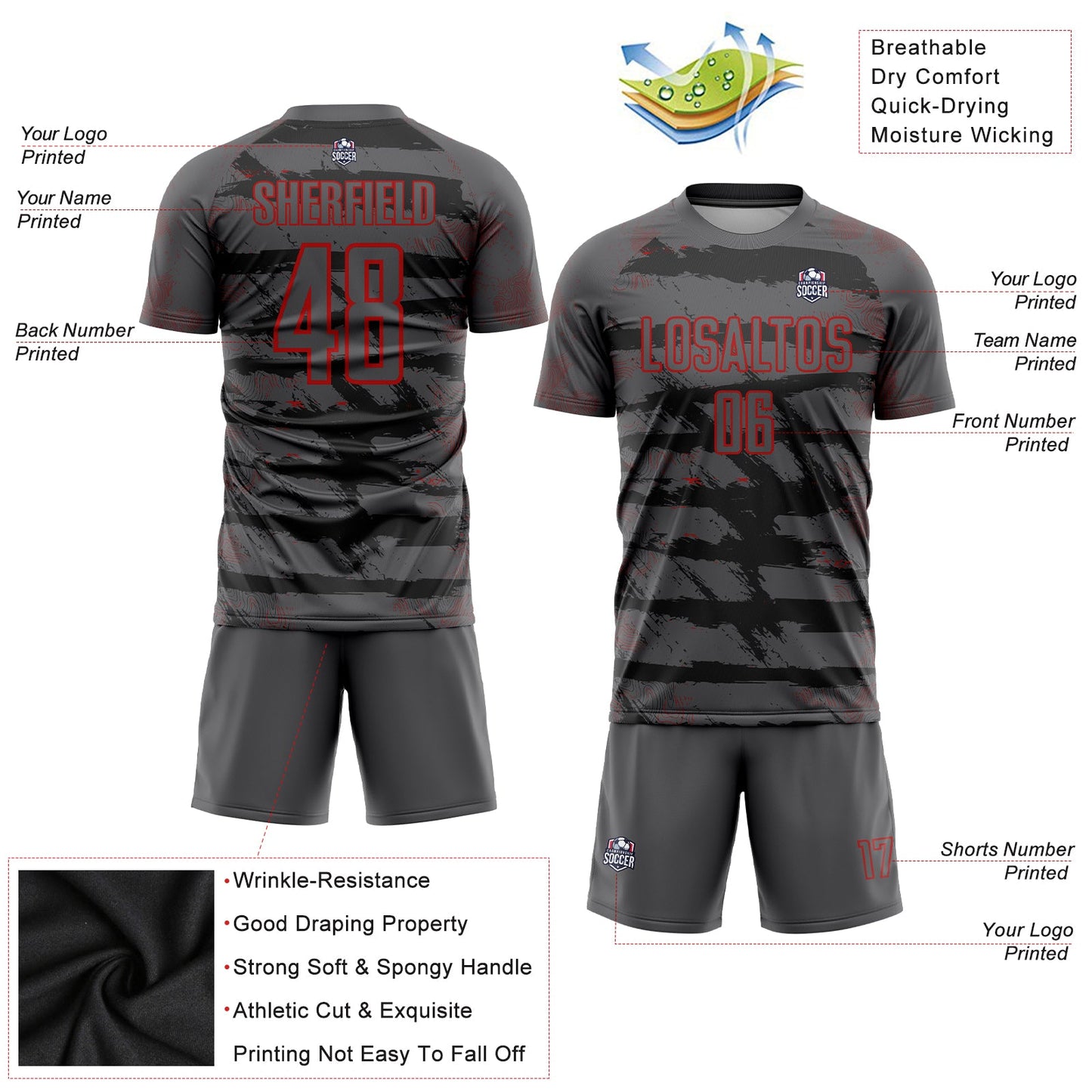 Custom Steel Gray Red Sublimation Soccer Uniform Jersey Limited