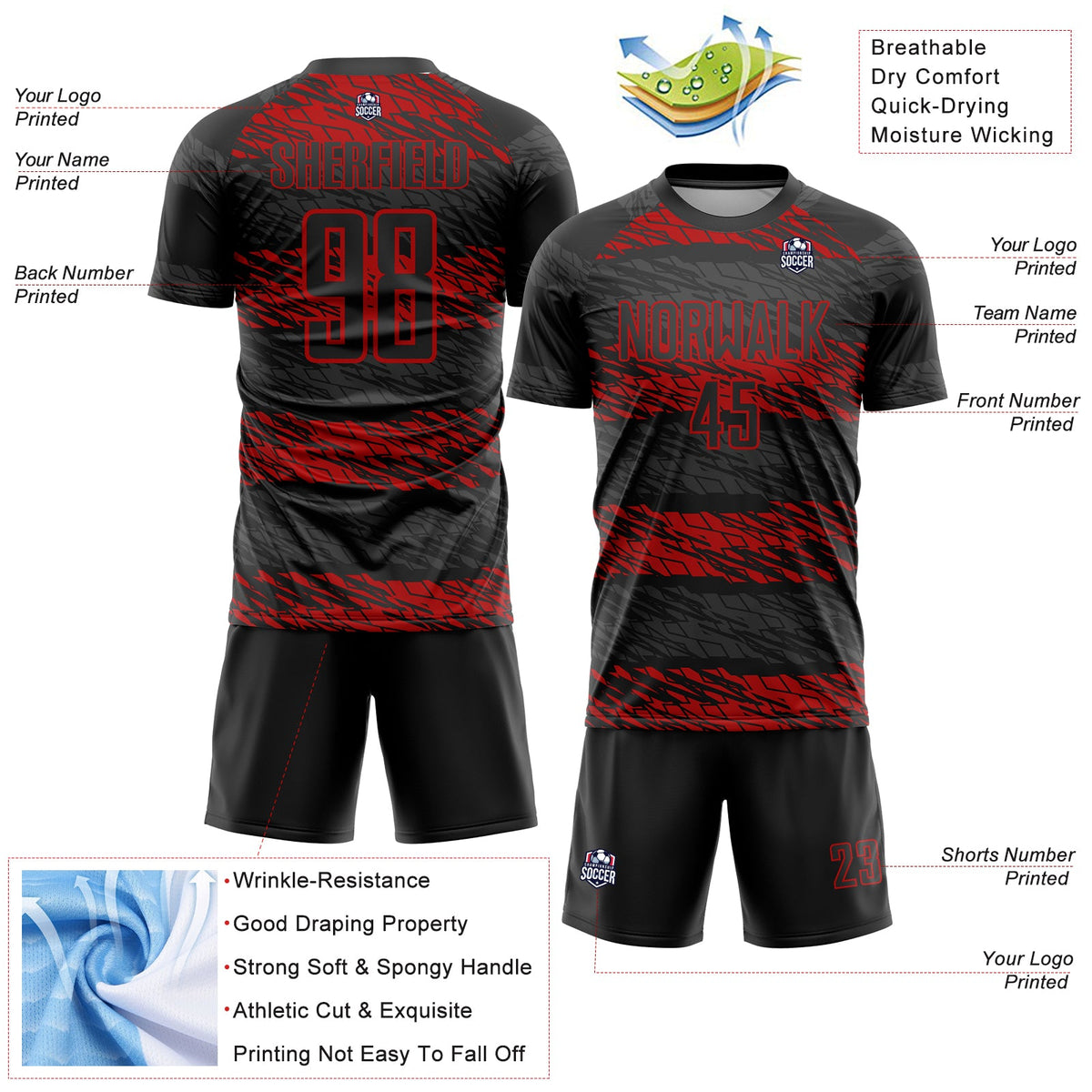 Custom Black Red Sublimation Soccer Uniform Jersey Limited