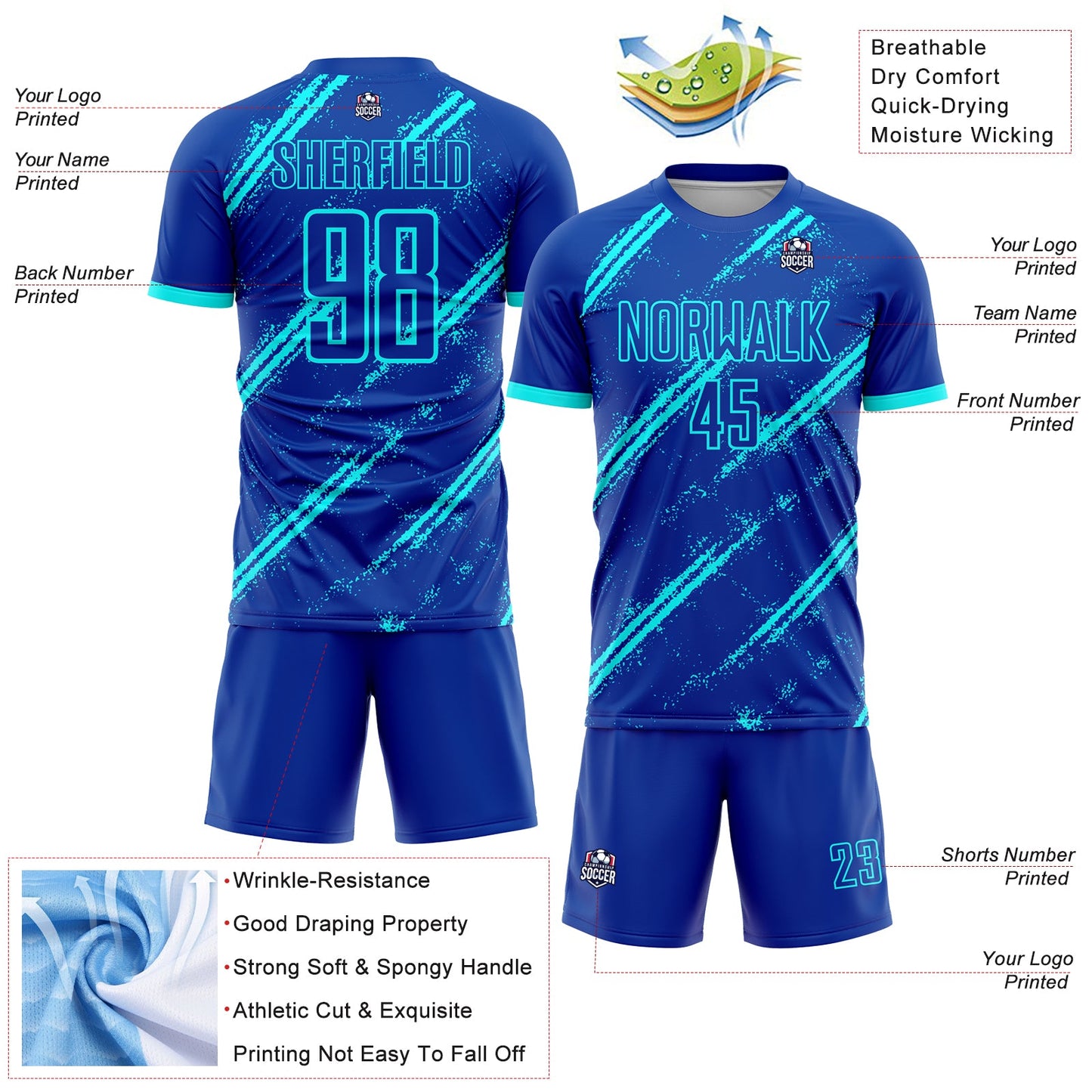Custom Royal Lakes Blue Sublimation Soccer Uniform Jersey Limited