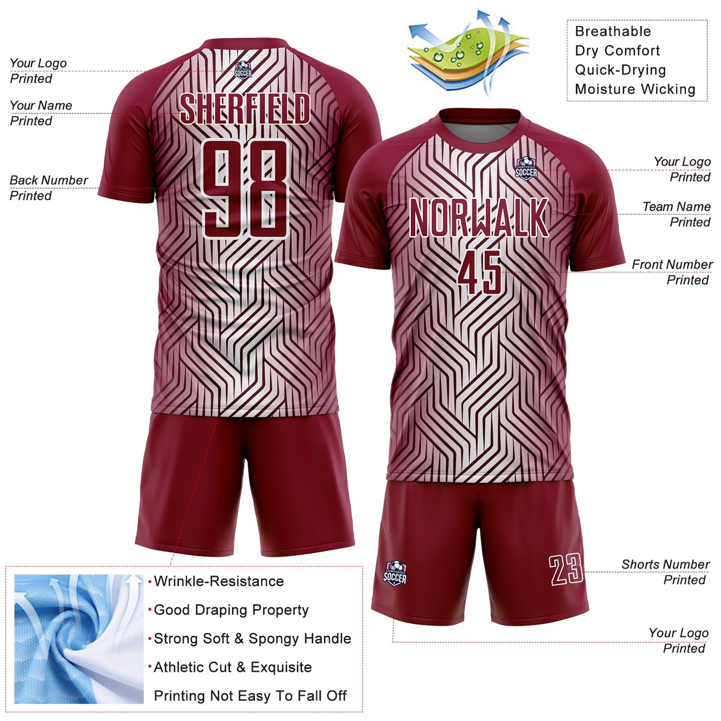 Custom Maroon White Lines Sublimation Soccer Uniform Jersey Limited