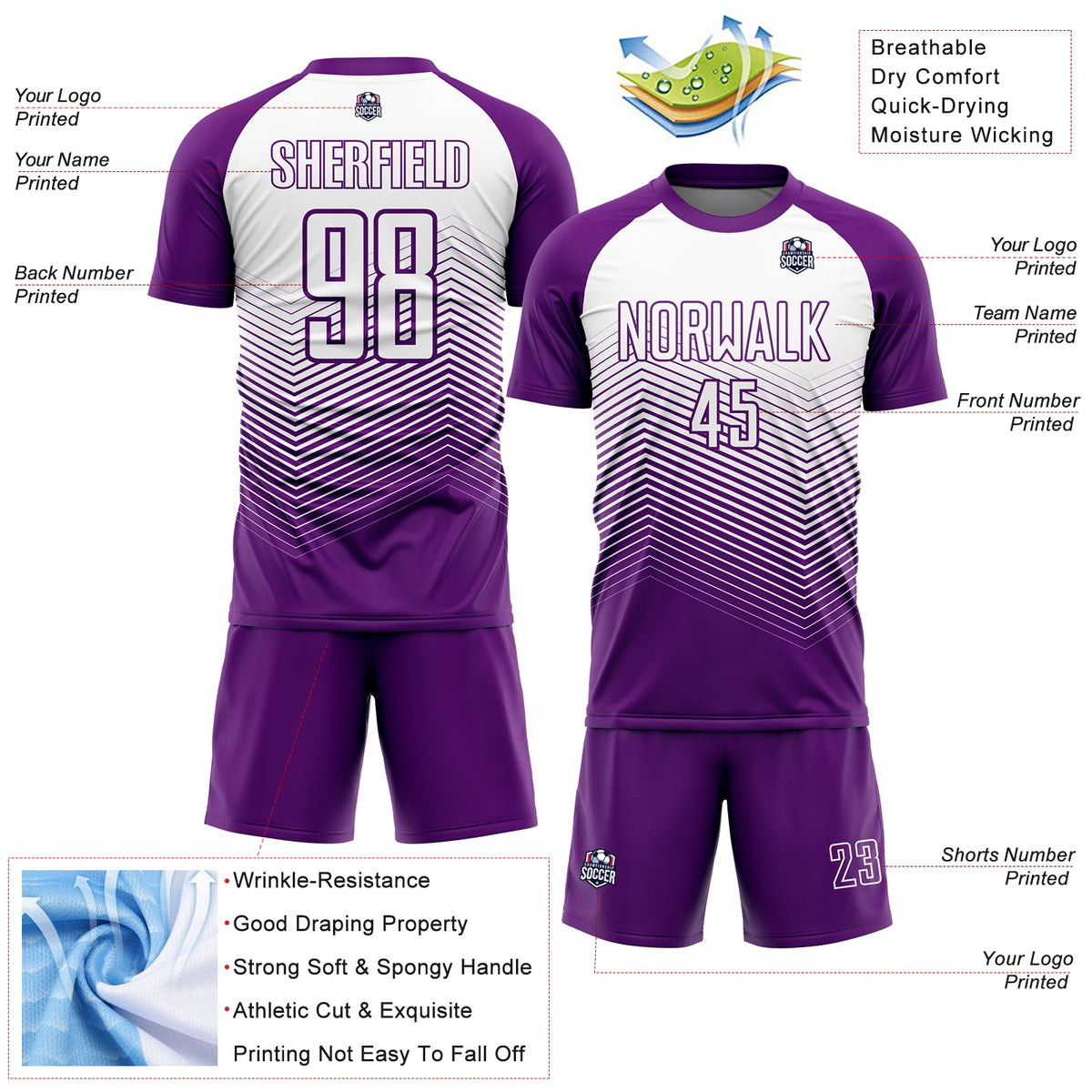 Custom Purple White Abstract Geometric Triangles Sublimation Soccer Uniform Jersey Limited