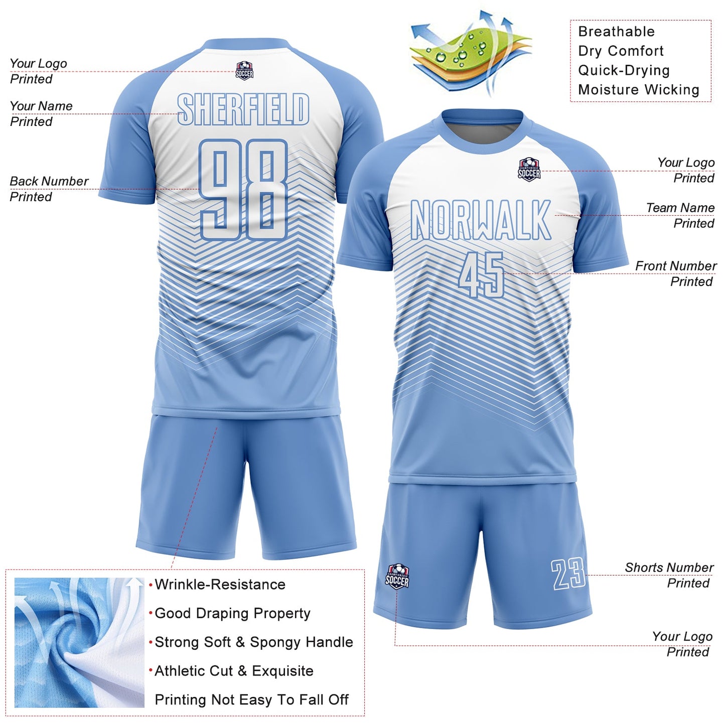 Custom Light Blue White Lines Sublimation Soccer Uniform Jersey Limited