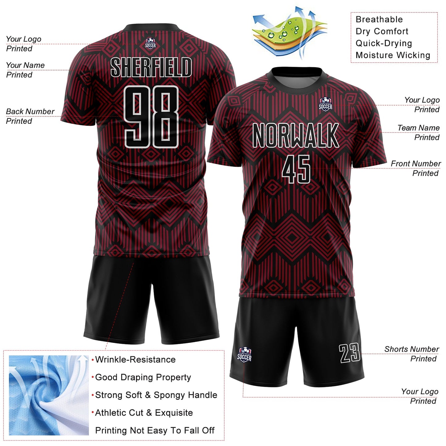 Custom Crimson Black-White Abstract Geometric Shapes Sublimation Soccer Uniform Jersey Limited