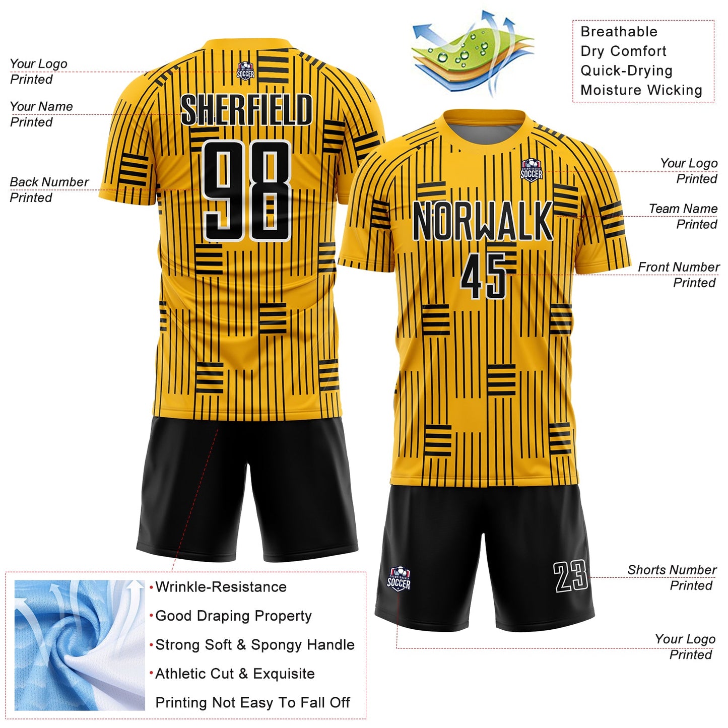 Custom Gold Black-White Lines Sublimation Soccer Uniform Jersey Limited