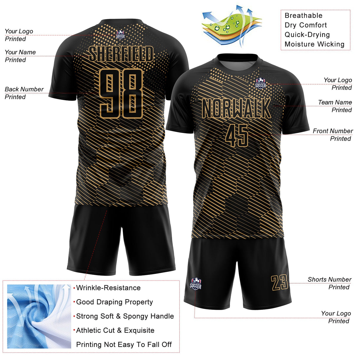 Custom Black Old Gold Abstract Hexagon Sublimation Soccer Uniform Jersey Limited