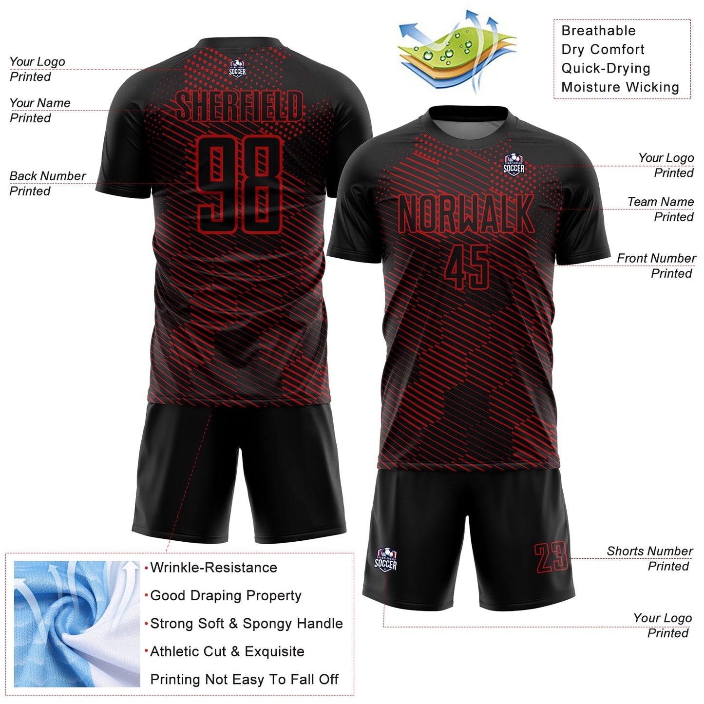 Custom Black Red Abstract Hexagon Sublimation Soccer Uniform Jersey Limited