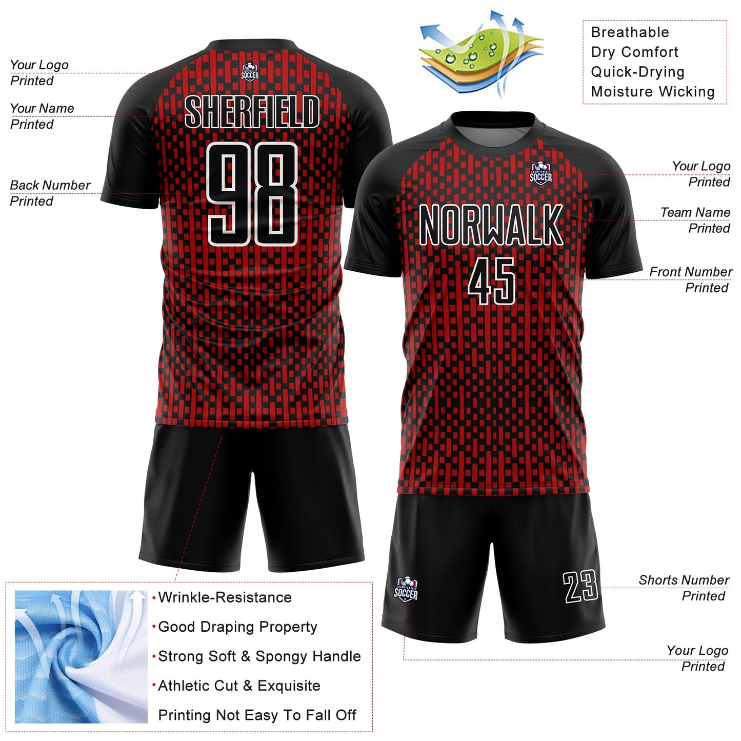 Custom Black Red-White Abstract Geometric Shapes Sublimation Soccer Uniform Jersey Limited