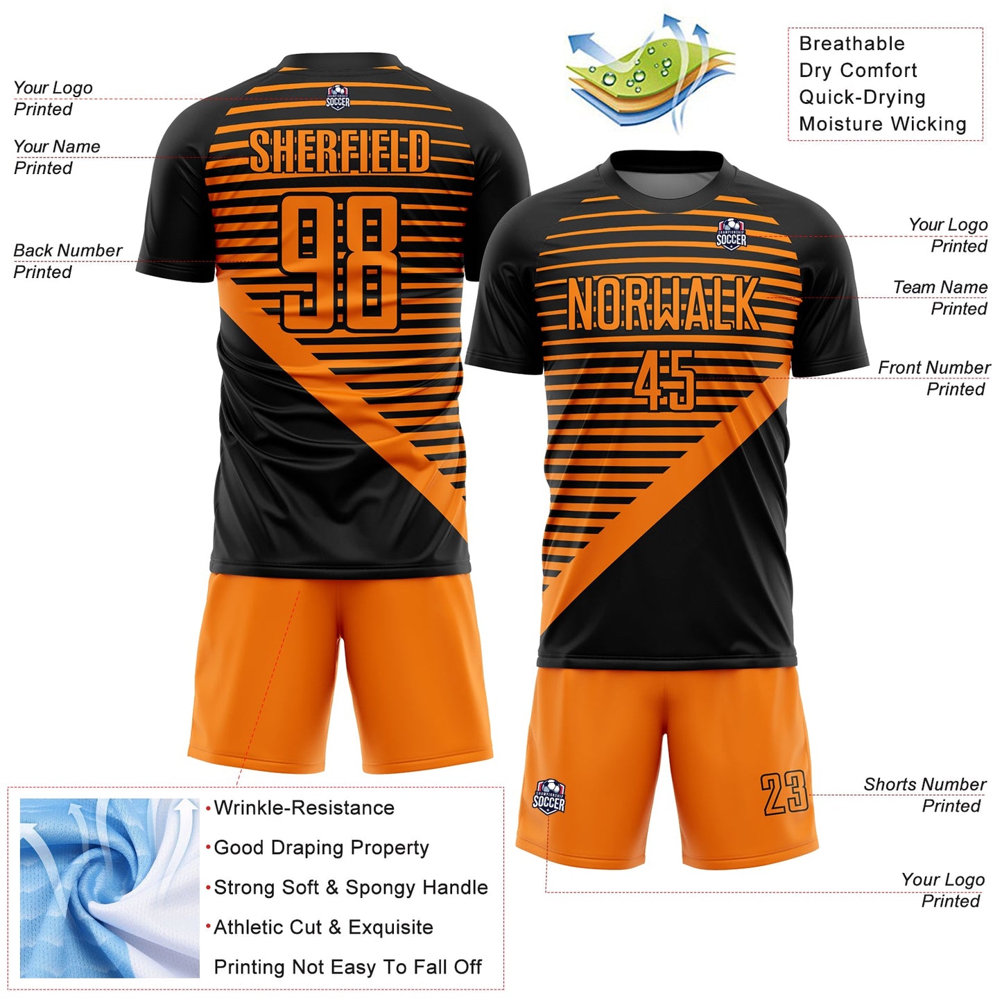 Custom Black Bay Orange Stripes Sublimation Soccer Uniform Jersey Limited