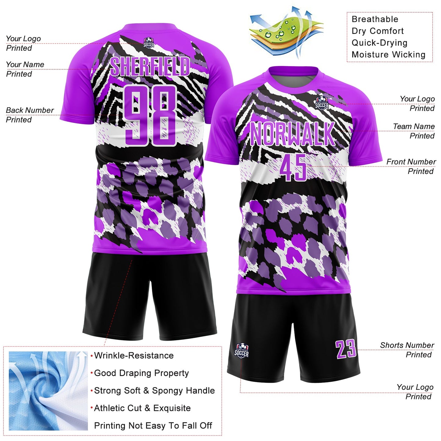 Custom Purple Black-White Animal Print Sublimation Soccer Uniform Jersey Limited