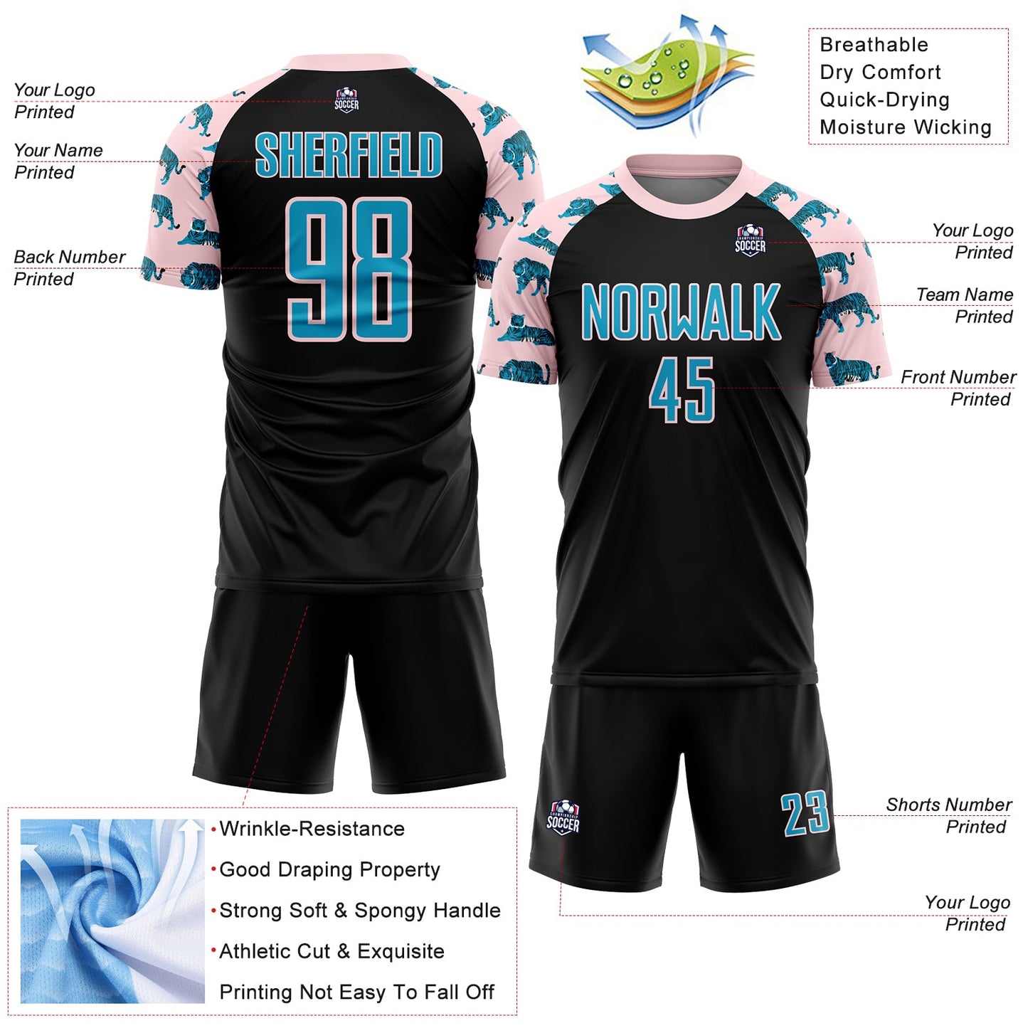 Custom Black US Navy Blue-Light Pink Tiger Sublimation Soccer Uniform Jersey Limited