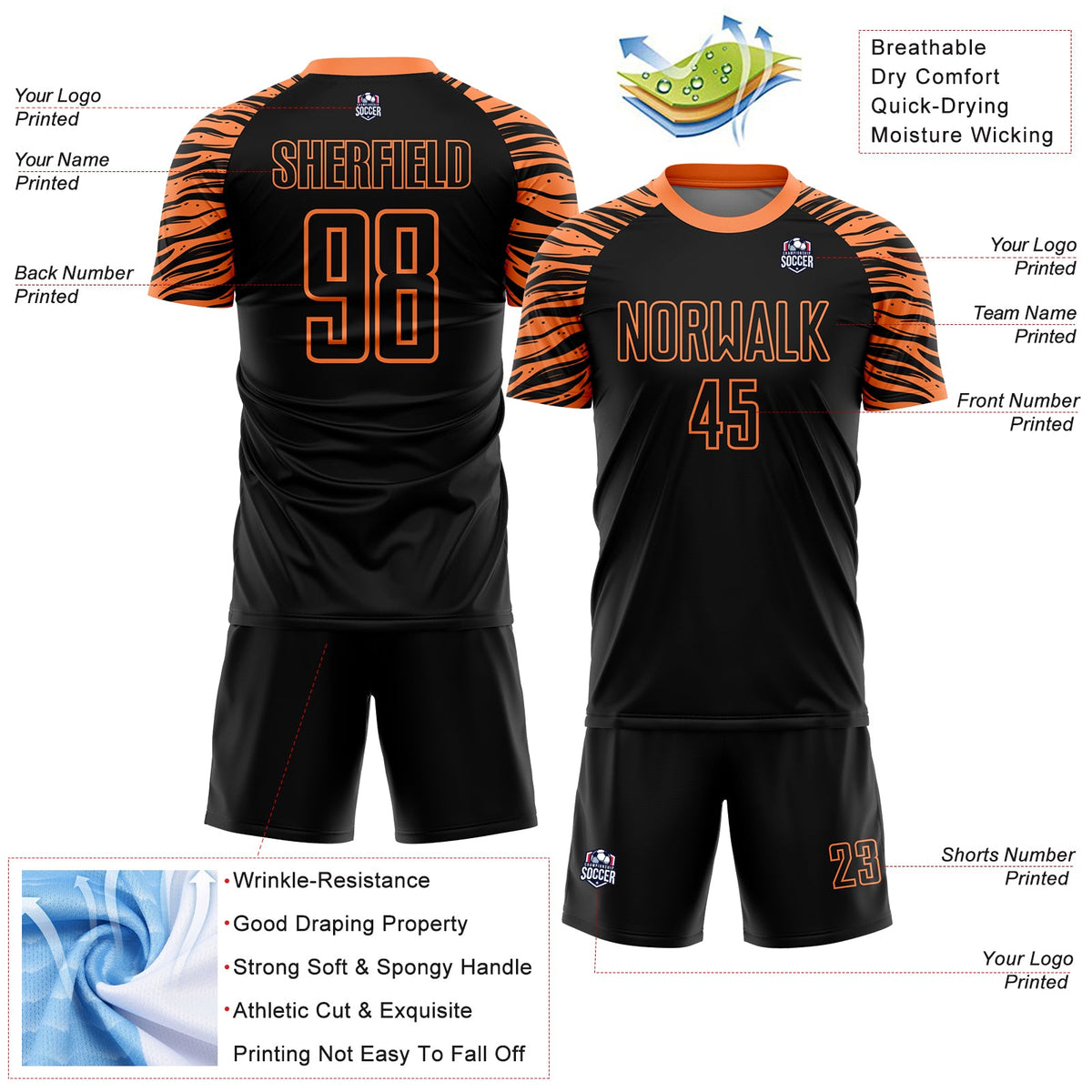 Custom Black Orange Tiger Stripes Sublimation Soccer Uniform Jersey Limited