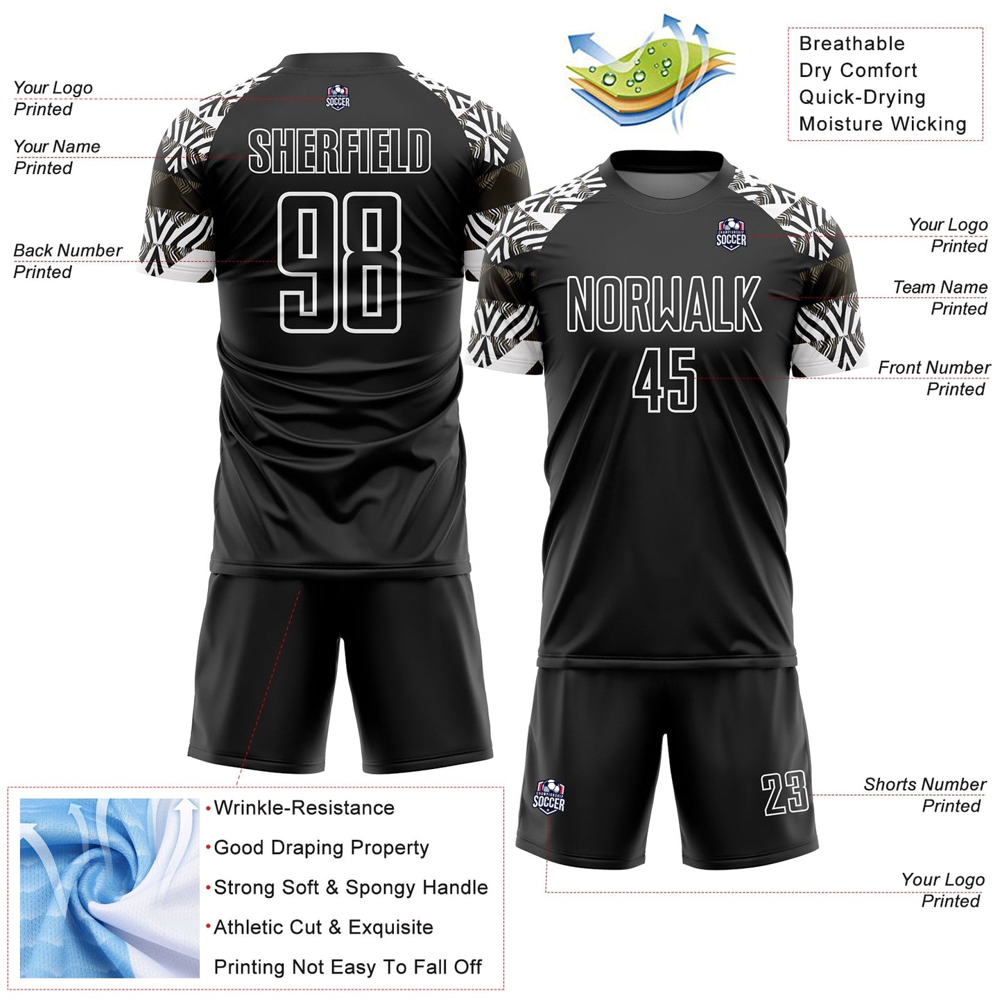 Custom Black White Zebra And Geometric Pattern Sublimation Soccer Uniform Jersey Limited