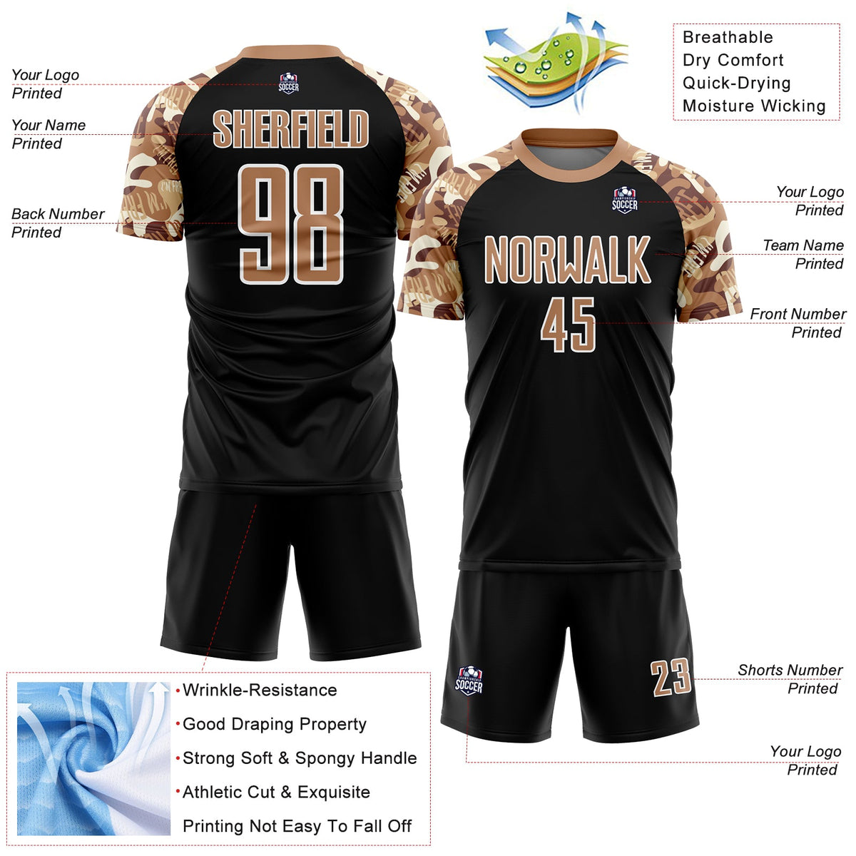 Custom Black Old Gold-White Camouflage Sublimation Soccer Uniform Jersey Limited