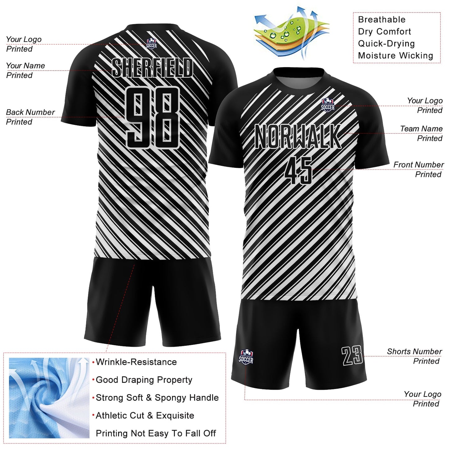 Custom Black White Slash Sublimation Soccer Uniform Jersey Limited