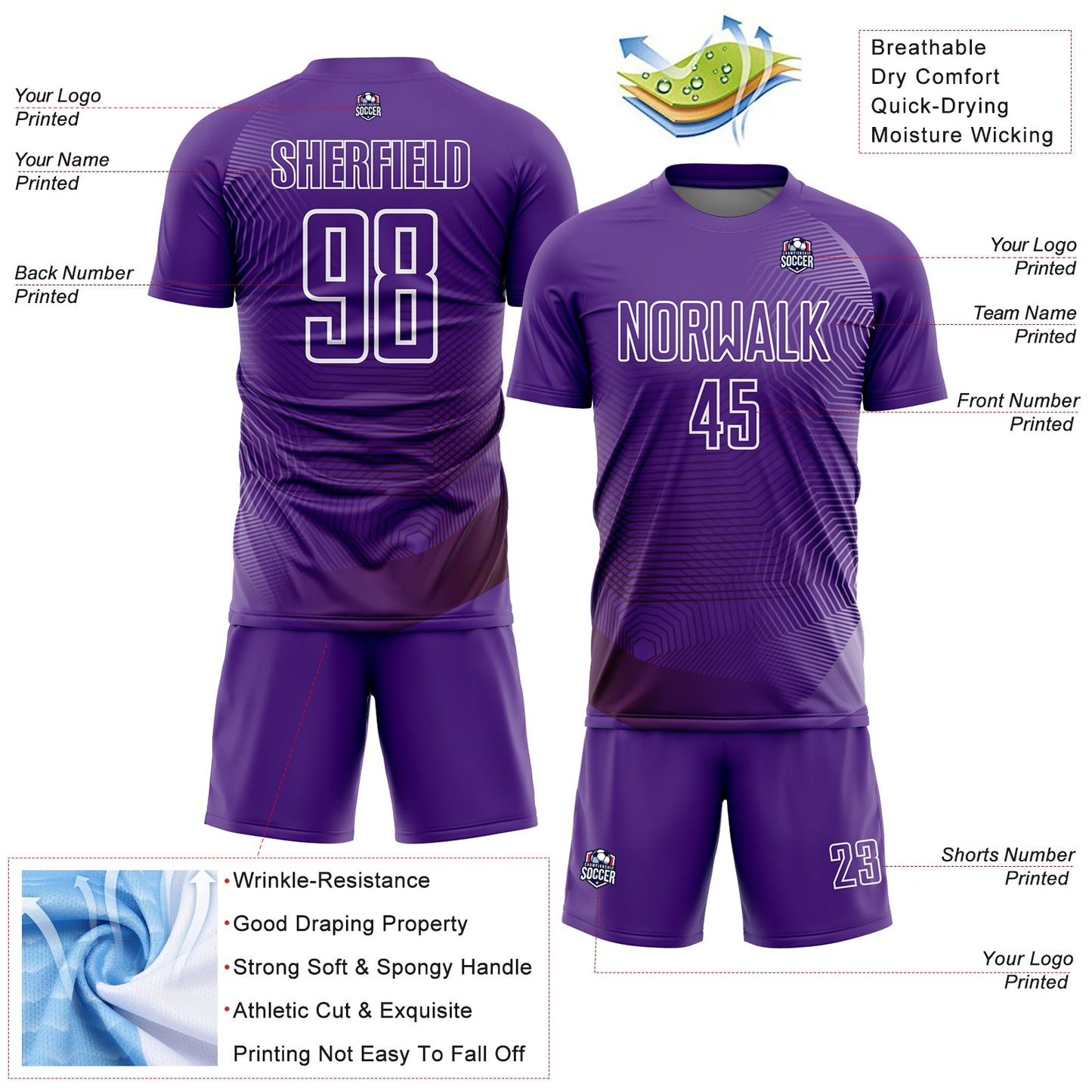 Custom Purple White Geometric Lines Sublimation Soccer Uniform Jersey Limited