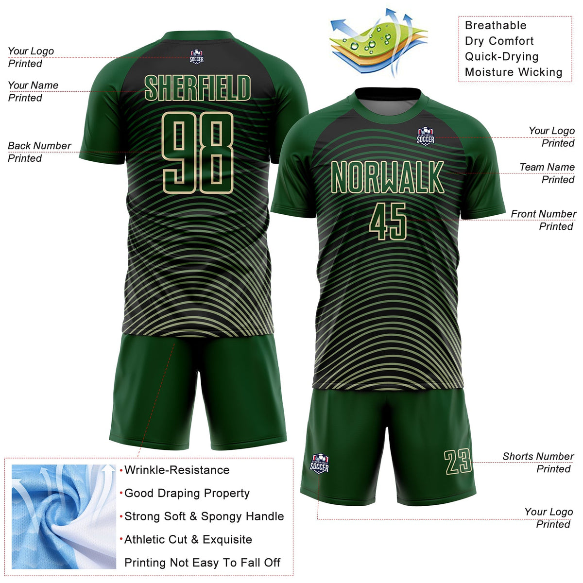 Custom Green Cream-Black Gradient Geometric Lines Sublimation Soccer Uniform Jersey Limited
