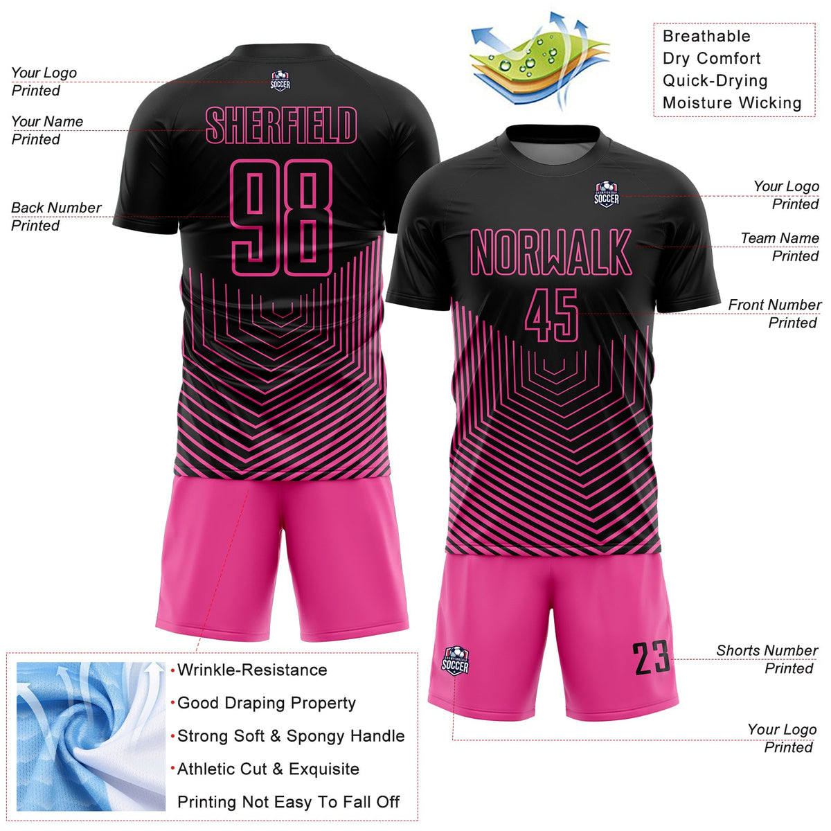 Custom Black Pink Geometric Lines Sublimation Soccer Uniform Jersey Limited