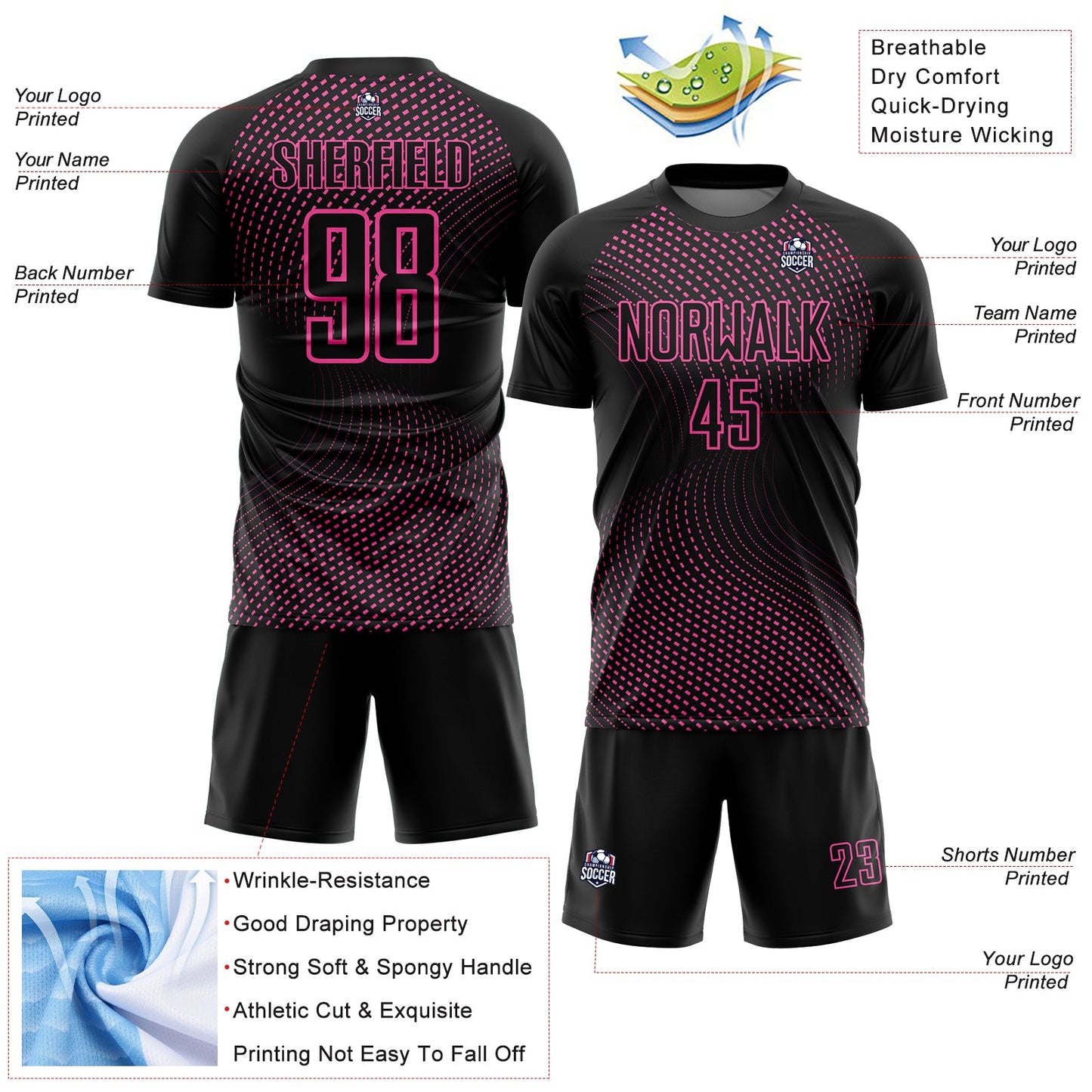 Custom Black Pink Geometric Lines Sublimation Soccer Uniform Jersey Limited