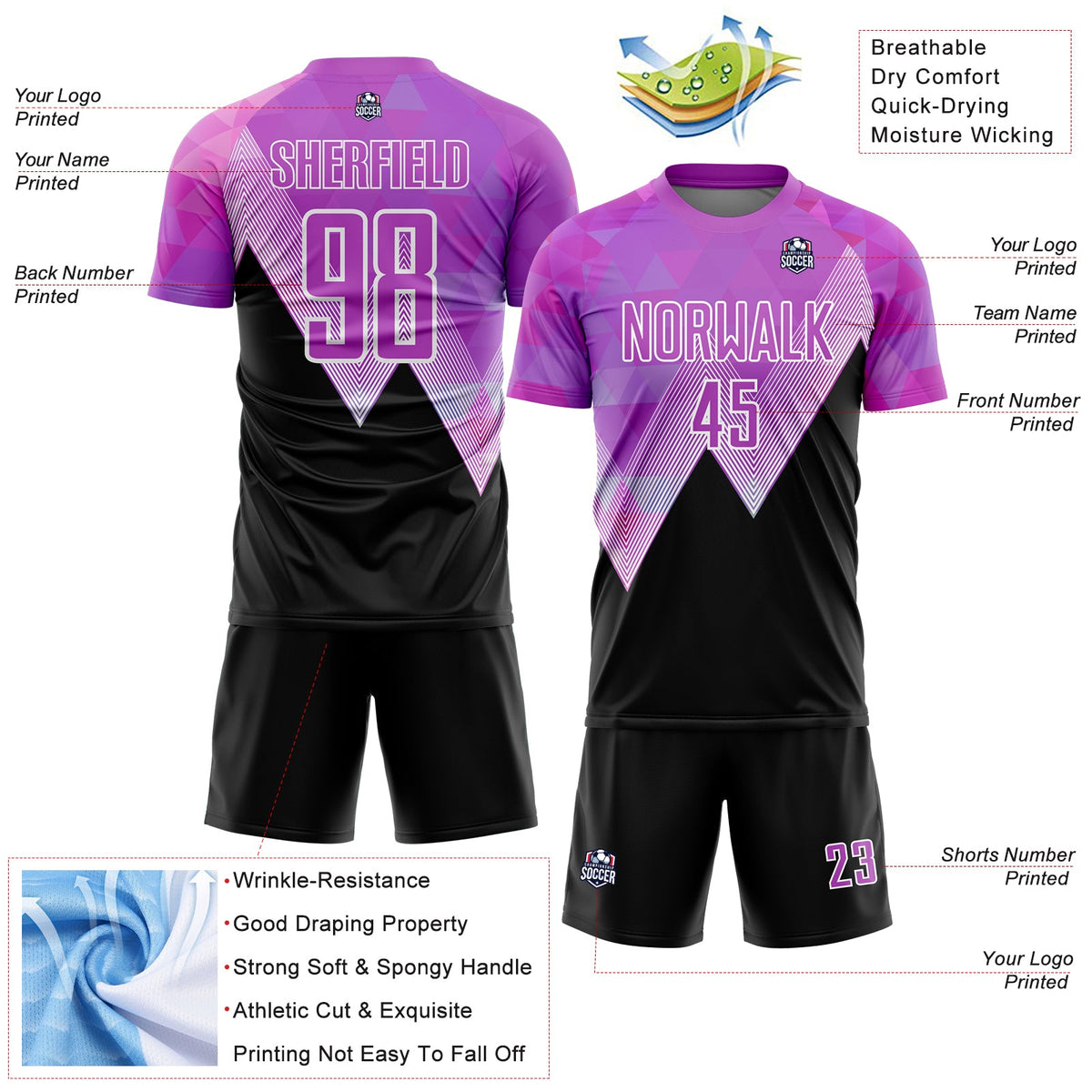 Custom Purple Black-White Geometric Pattern Sublimation Soccer Uniform Jersey Limited