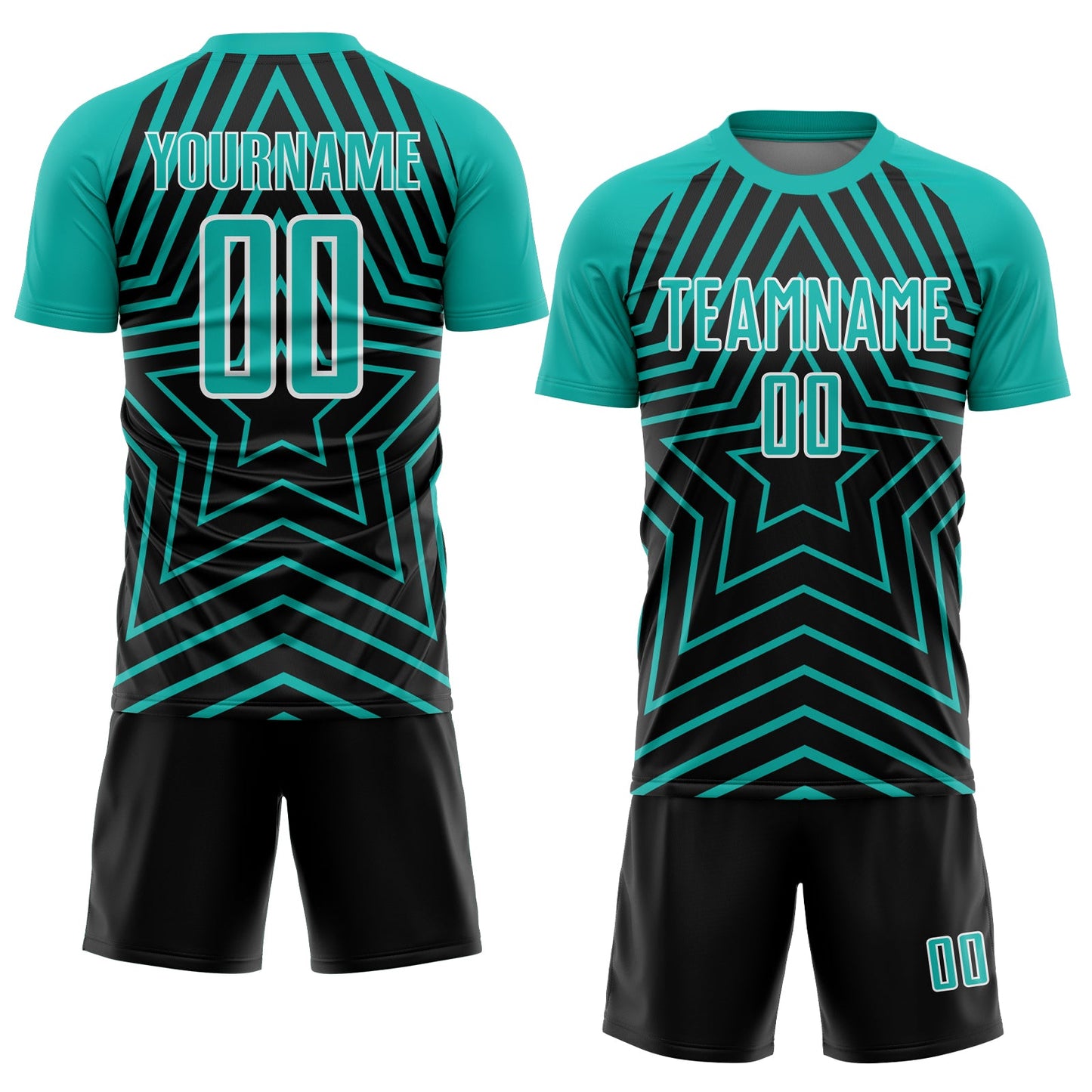 Custom Black Aqua-White Stars Sublimation Soccer Uniform Jersey Limited