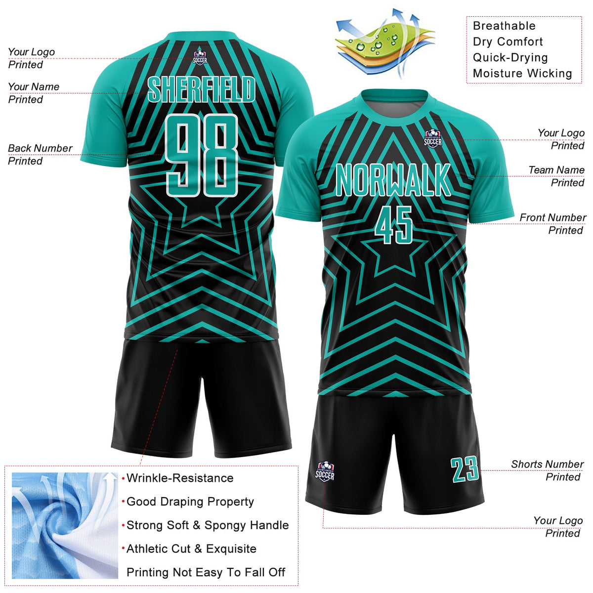 Custom Black Aqua-White Stars Sublimation Soccer Uniform Jersey Limited