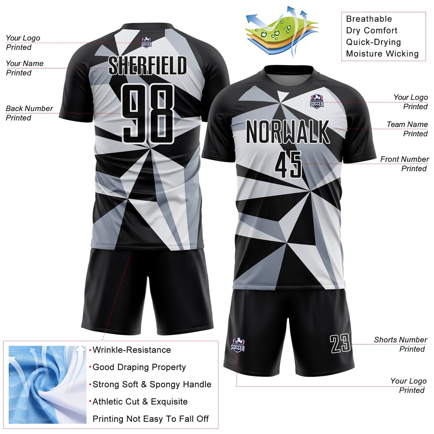 Custom Black White Geometric Pattern Sublimation Soccer Uniform Jersey Limited