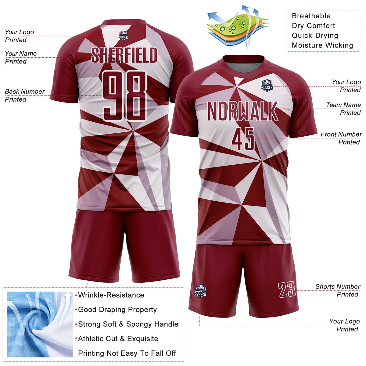 Custom Crimson White Geometric Pattern Sublimation Soccer Uniform Jersey Limited