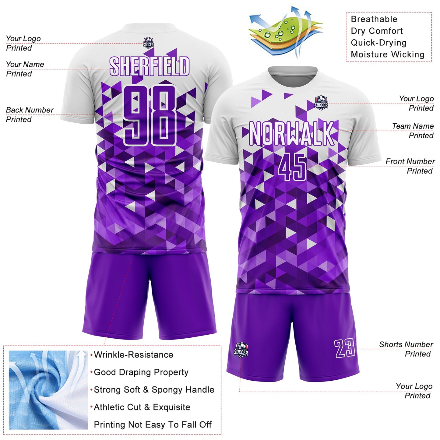 Custom Purple White Geometric Pattern Sublimation Soccer Uniform Jersey Limited