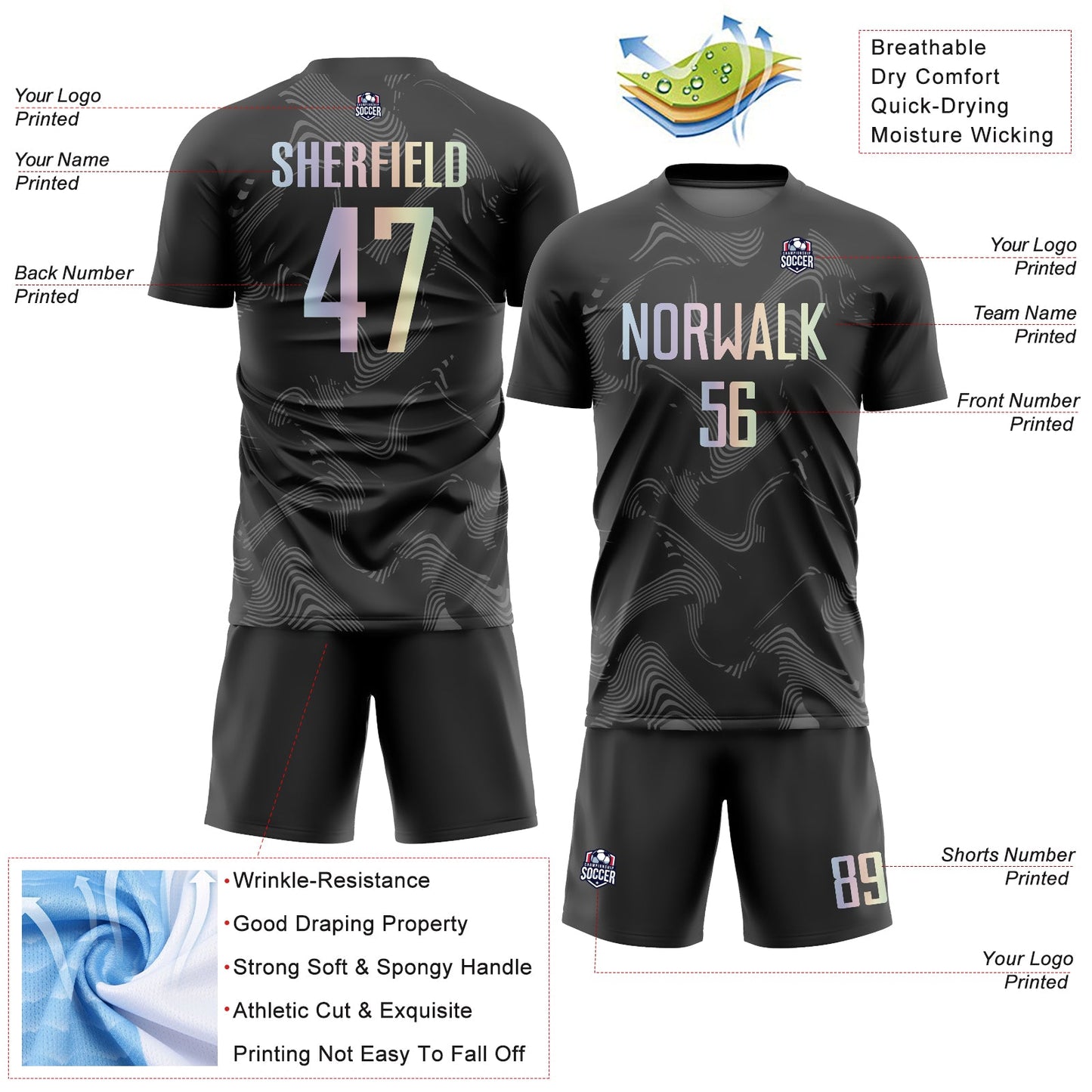 Custom Black Gradient-Gray Curve Lines Sublimation Soccer Uniform Jersey Limited