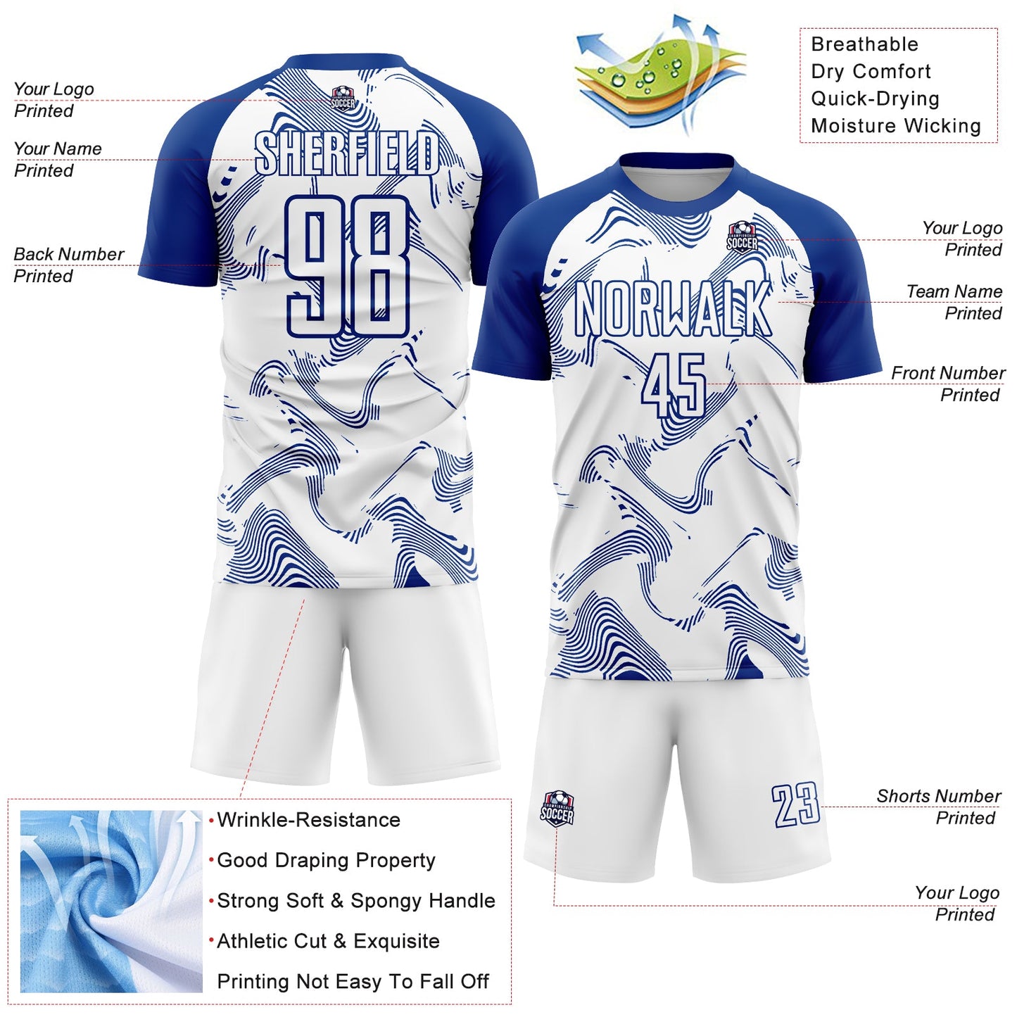 Custom White Royal Curve Lines Sublimation Soccer Uniform Jersey Limited