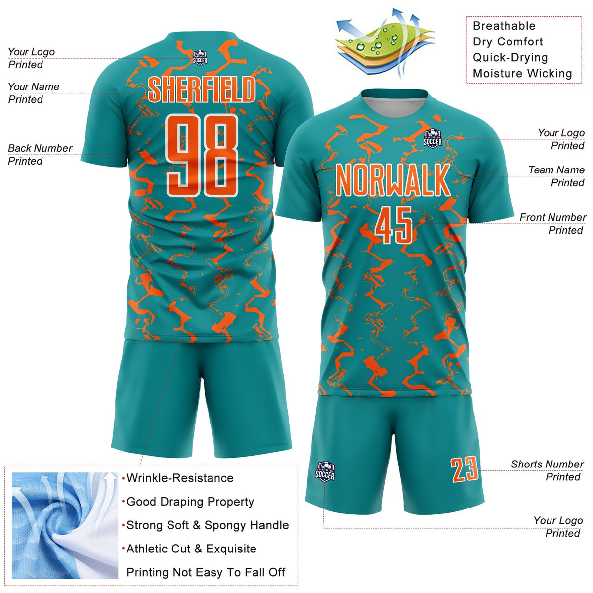 Custom Teal Orange-White Abstract Lines Sublimation Soccer Uniform Jersey Limited