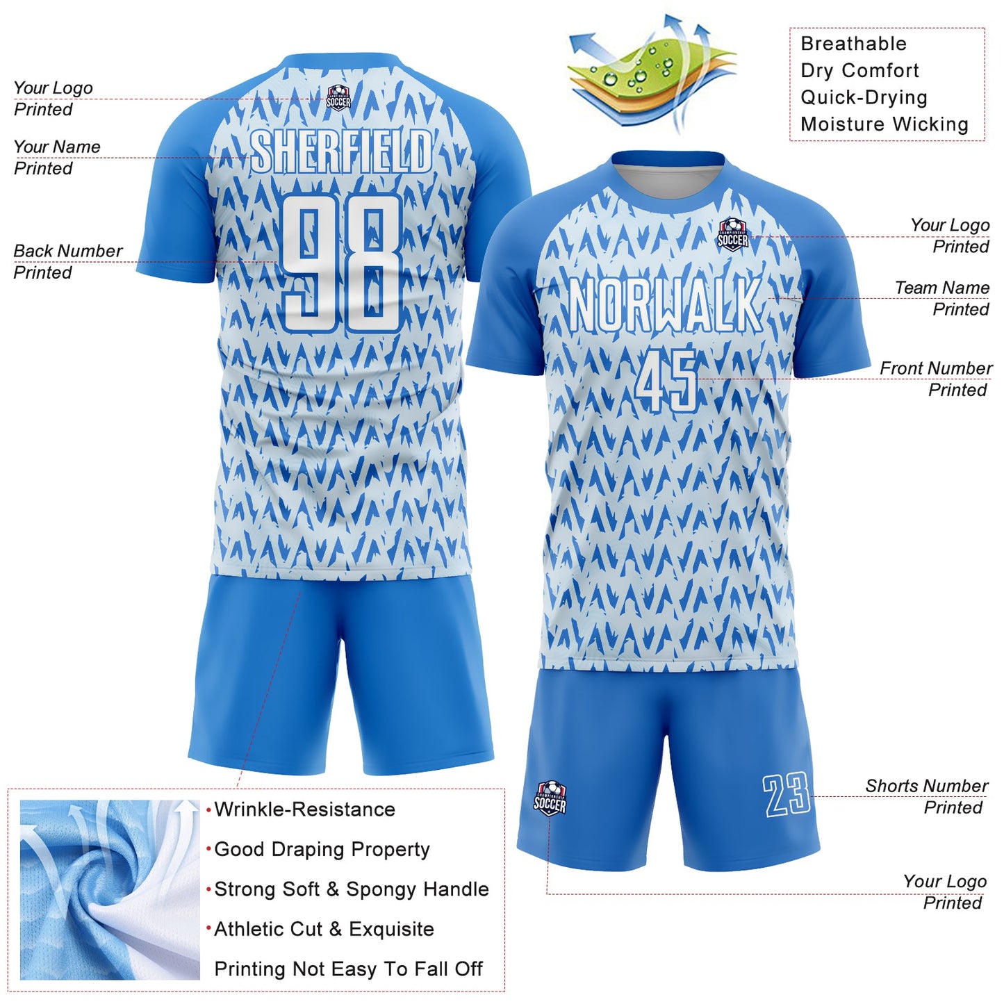 Custom Powder Blue White-Silver Abstract Geometric Pattern Sublimation Soccer Uniform Jersey Limited