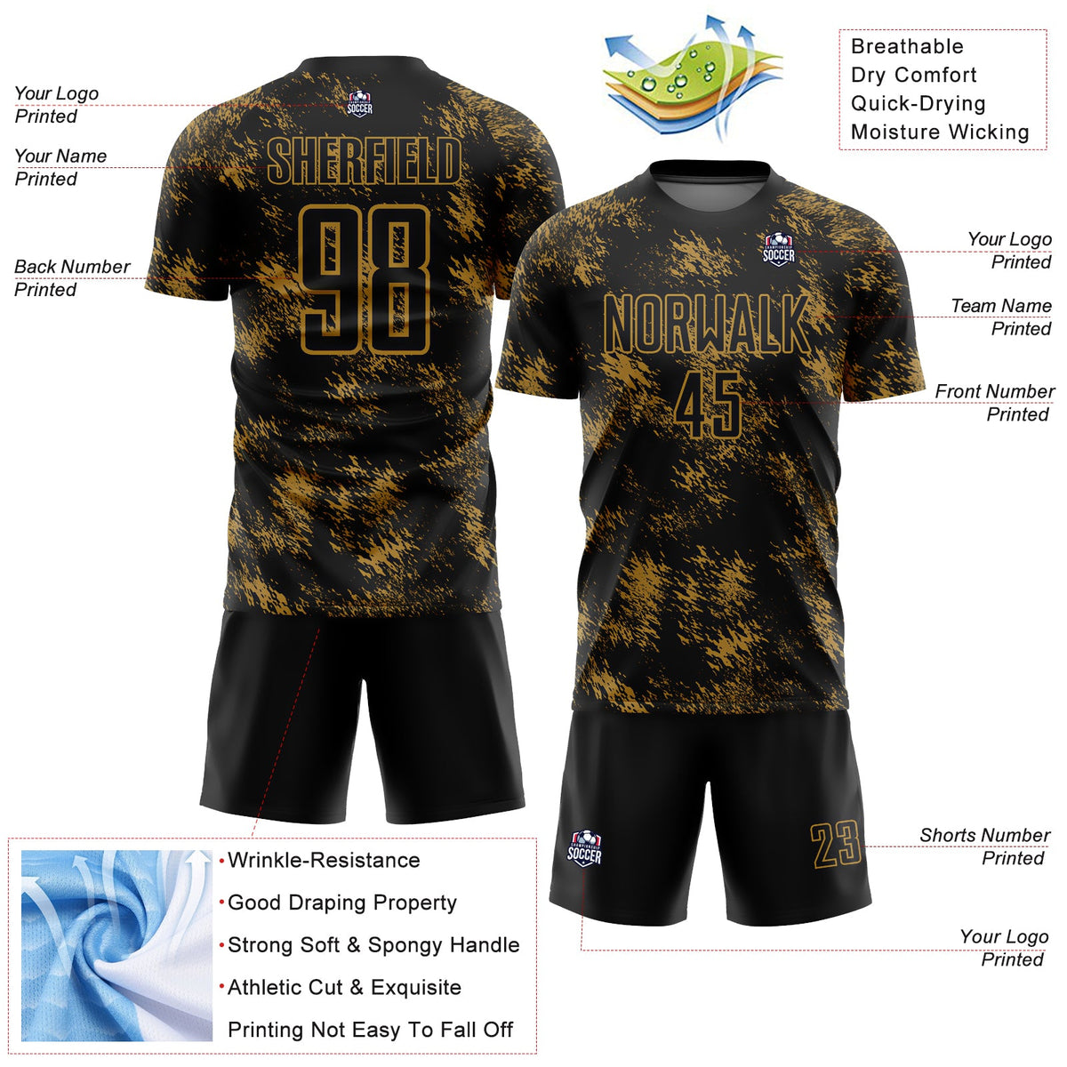 Custom Black Old Gold Abstract Grunge Art Sublimation Soccer Uniform Jersey Limited