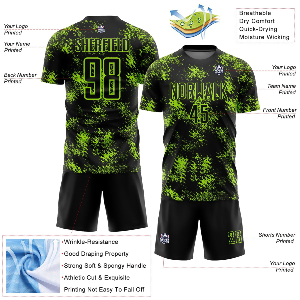 Custom Black Neon Green Abstract Grunge Art Sublimation Soccer Uniform Jersey Limited