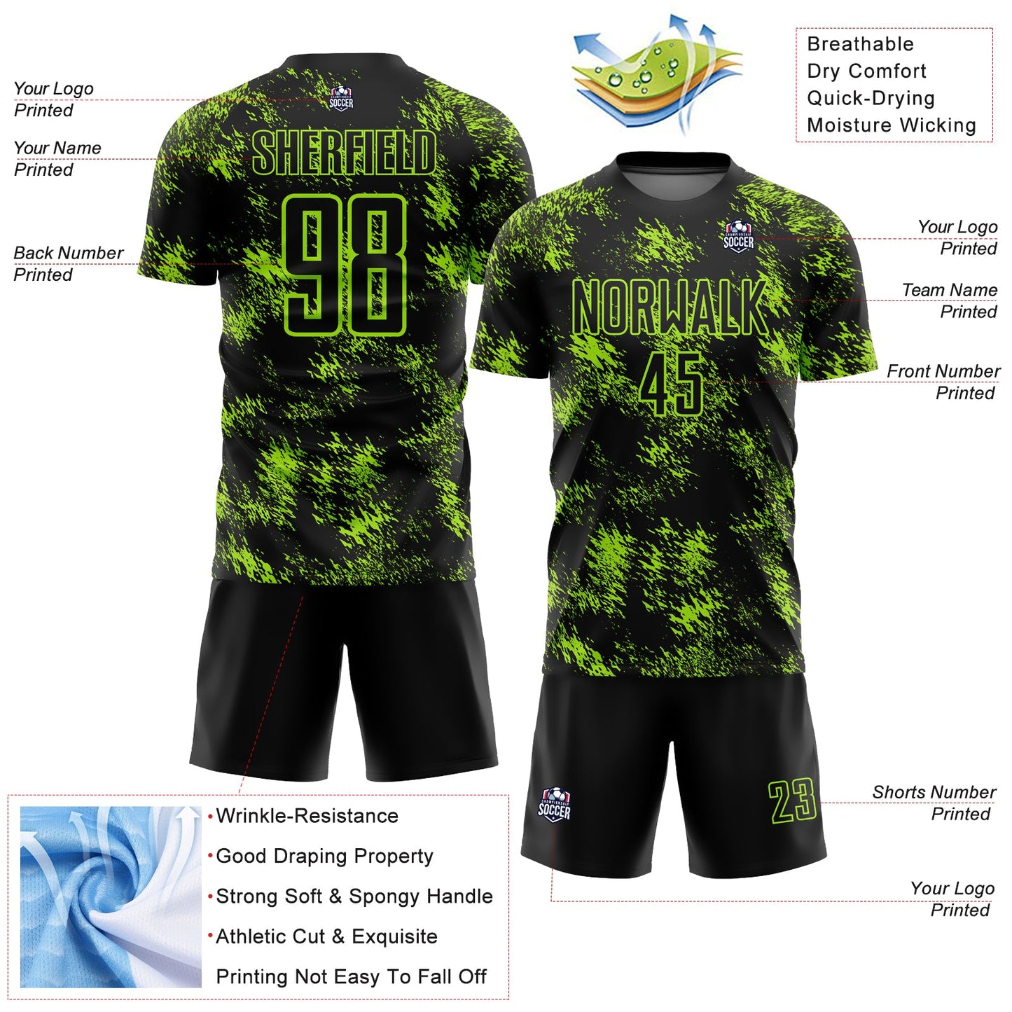 Custom Black Neon Green Abstract Grunge Art Sublimation Soccer Uniform Jersey Limited