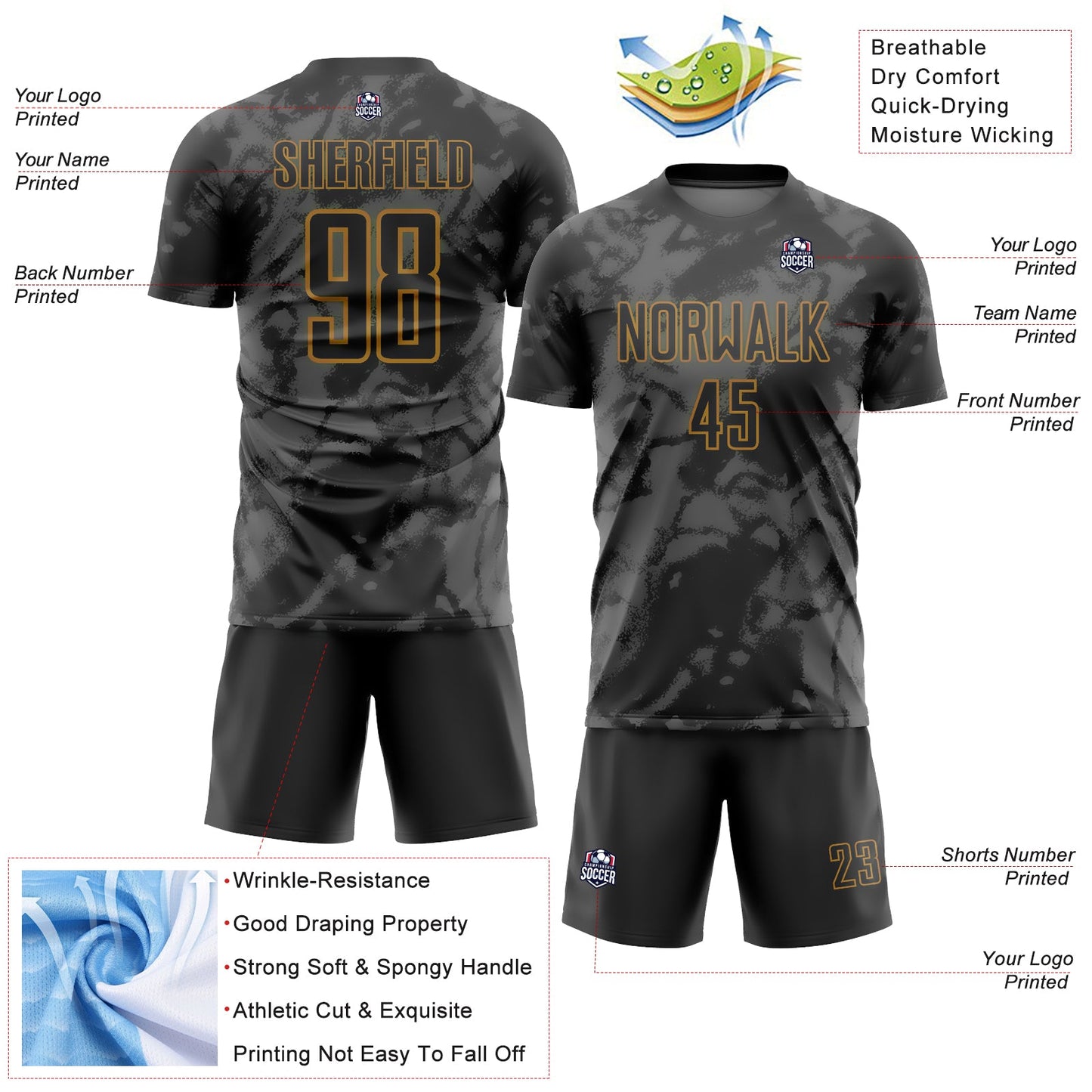 Custom Black Gray-Old Gold Abstract Grunge Art Sublimation Soccer Uniform Jersey Limited