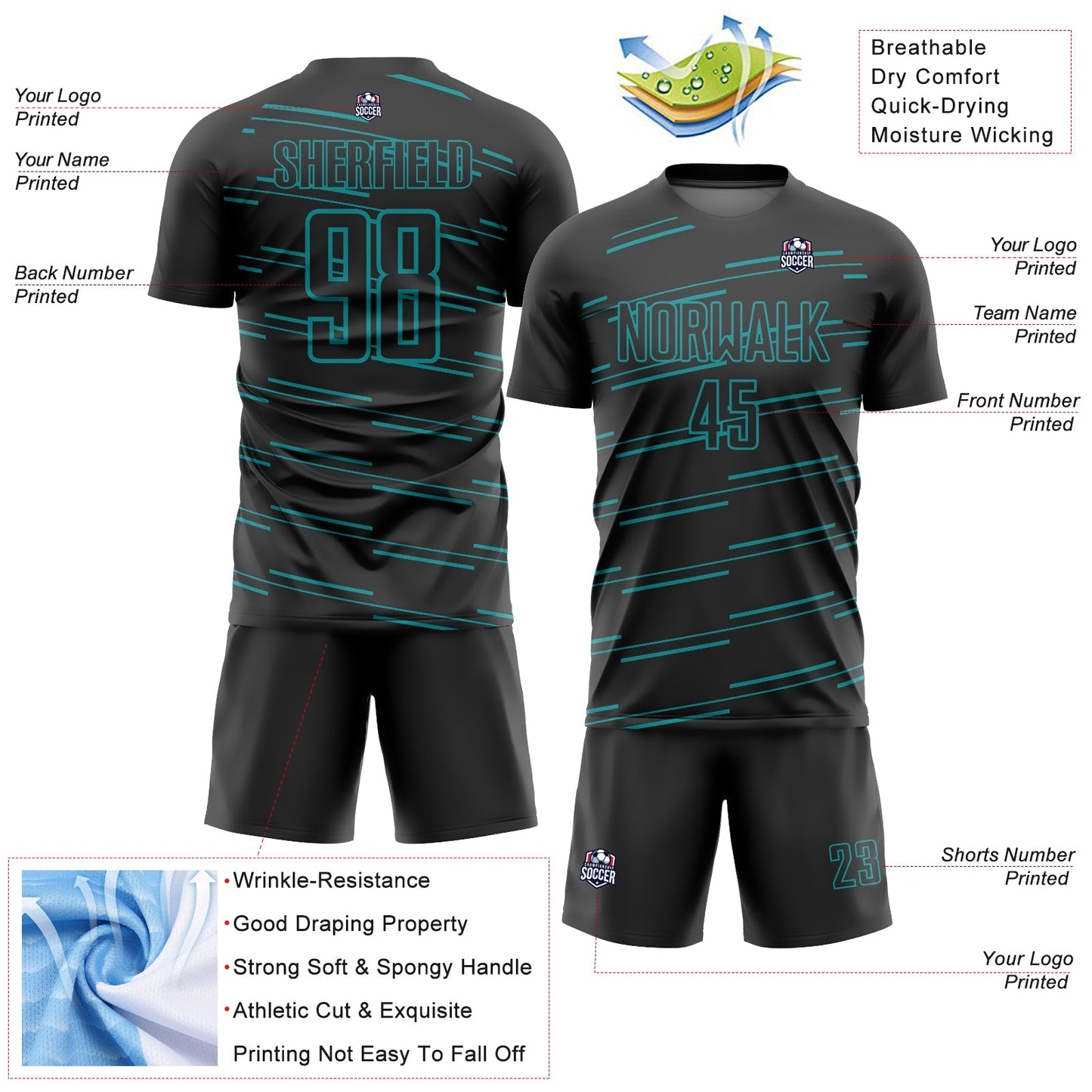 Custom Black Teal Lines Sublimation Soccer Uniform Jersey Limited