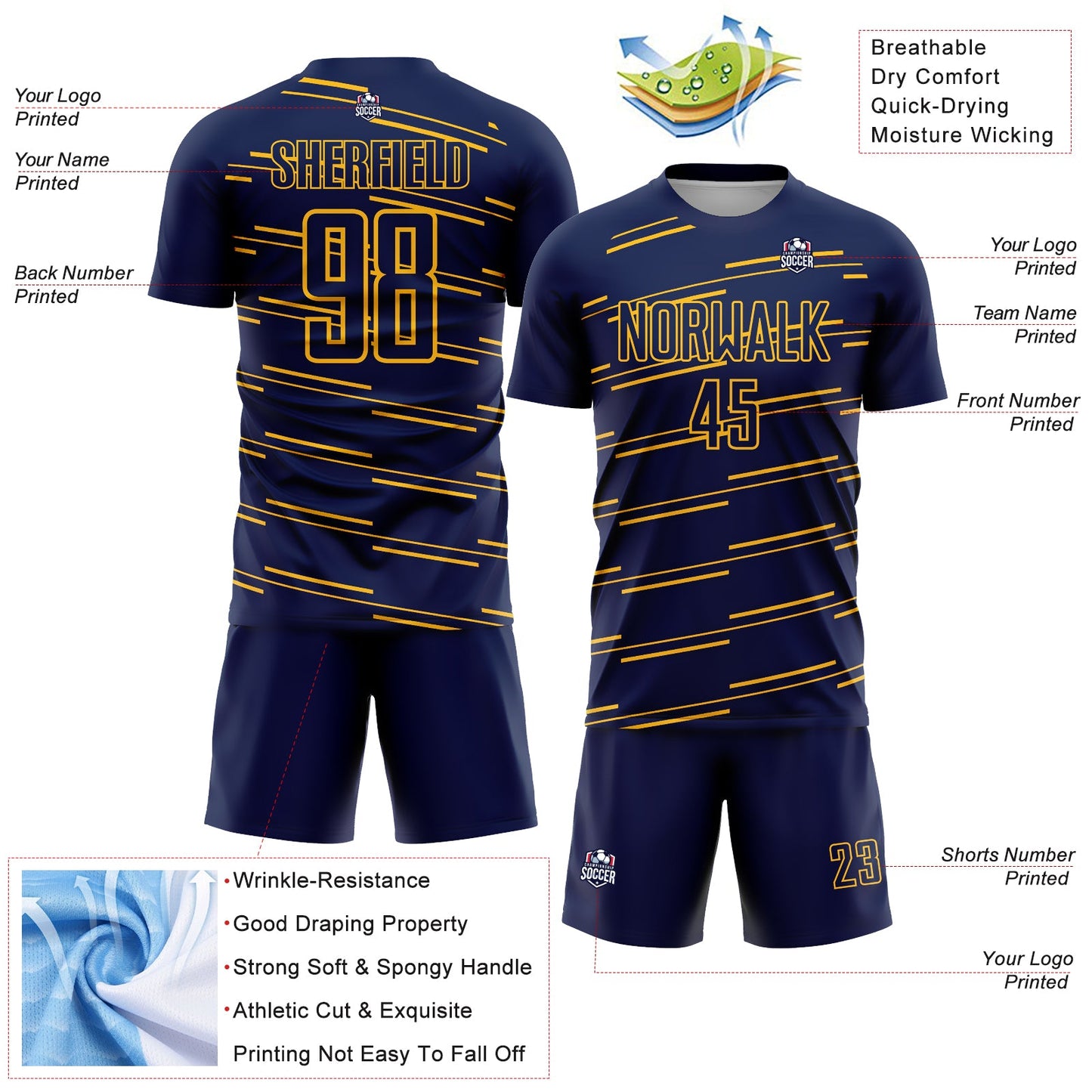 Custom Navy Yellow Lines Sublimation Soccer Uniform Jersey Limited