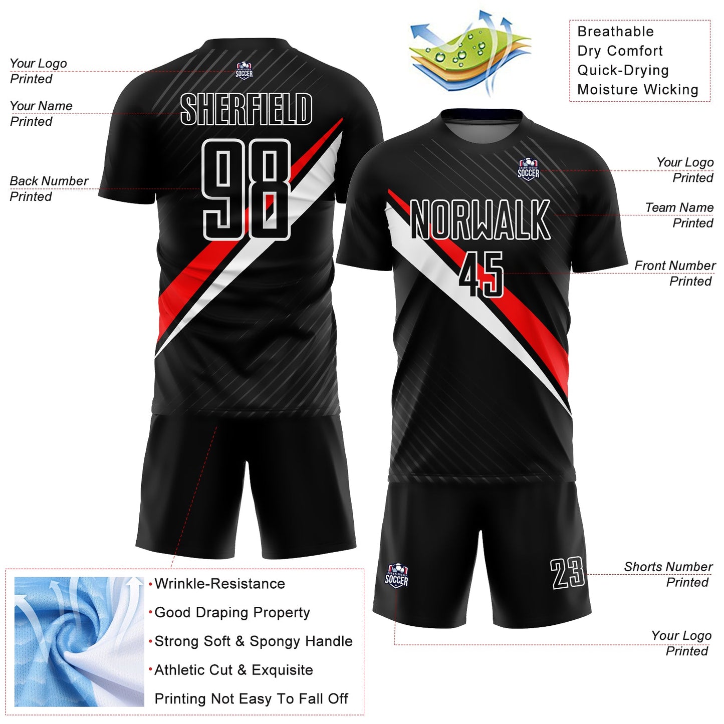 Custom Black Red-White Diagonal Lines Sublimation Soccer Uniform Jersey Limited