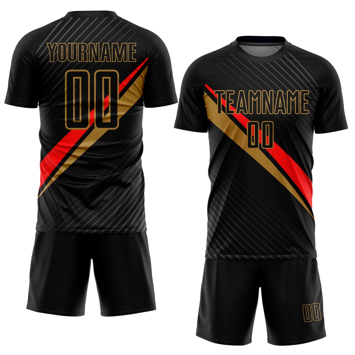 Custom Black Red-Old Gold Diagonal Lines Sublimation Soccer Uniform Jersey Limited