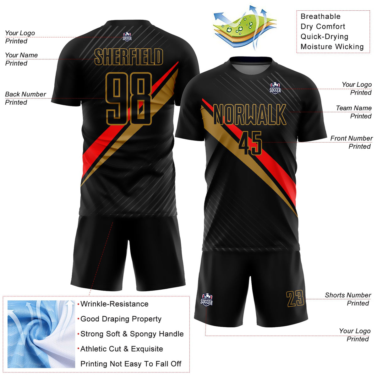 Custom Black Red-Old Gold Diagonal Lines Sublimation Soccer Uniform Jersey Limited