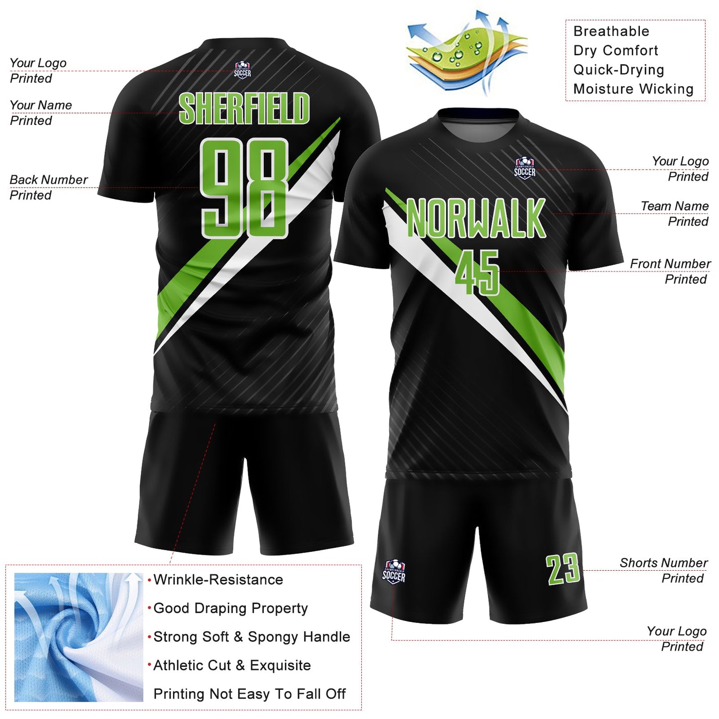 Custom Black Neon Green-White Diagonal Lines Sublimation Soccer Uniform Jersey Limited